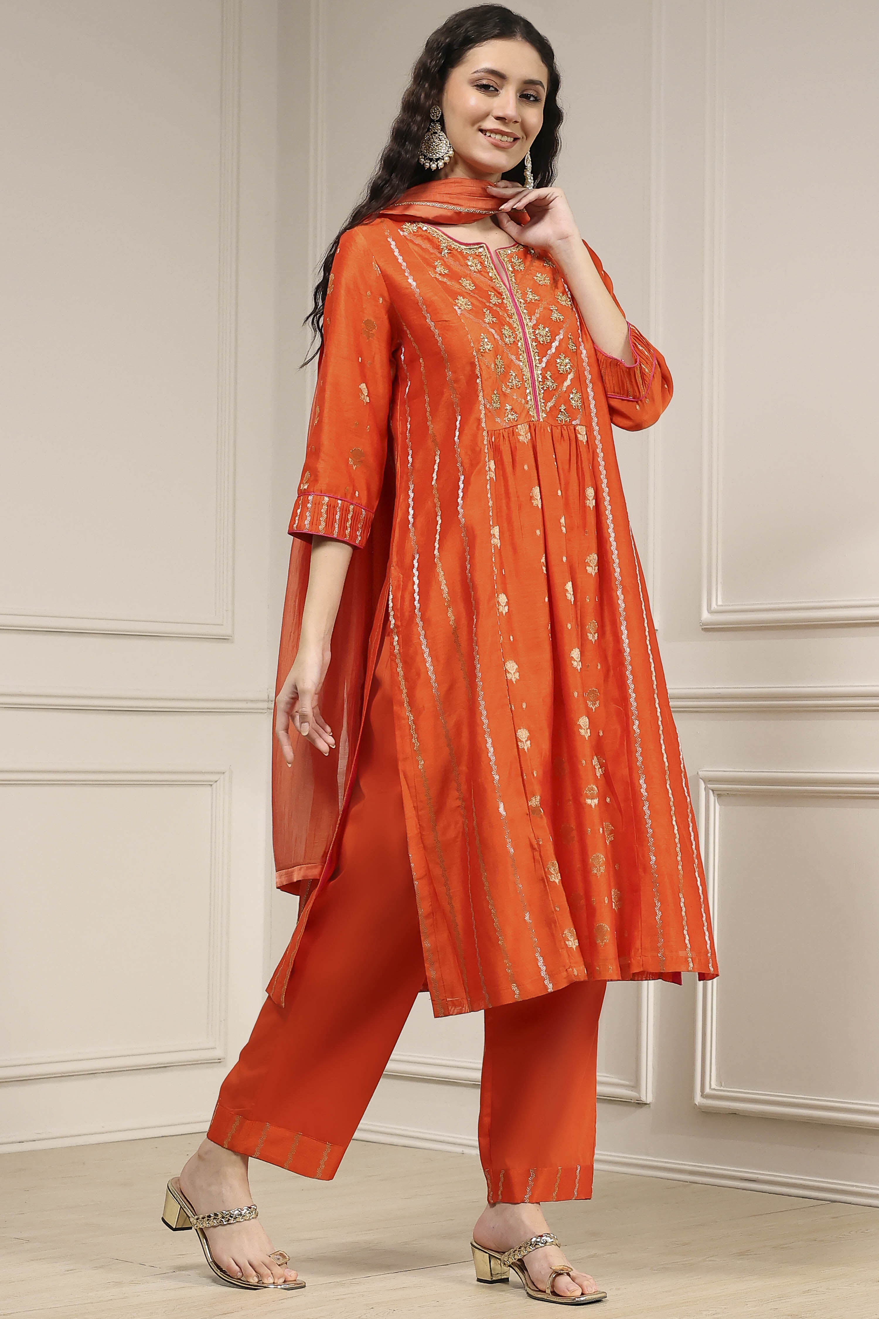 Orange Silk Embroidered Gathered Straight Suit Set image number 5