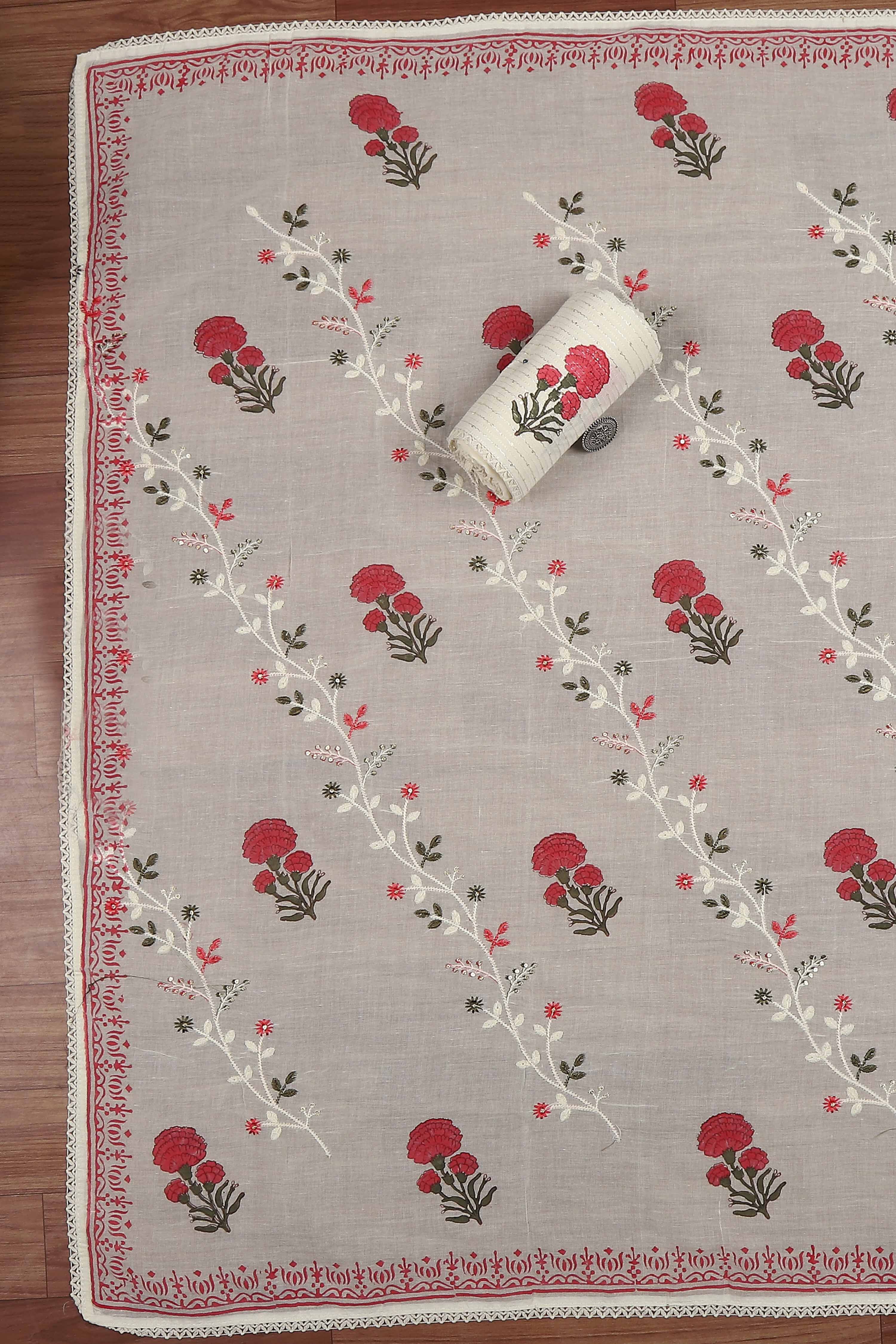 White Cotton Printed Embroidered Unstitched Suit Set image number 3