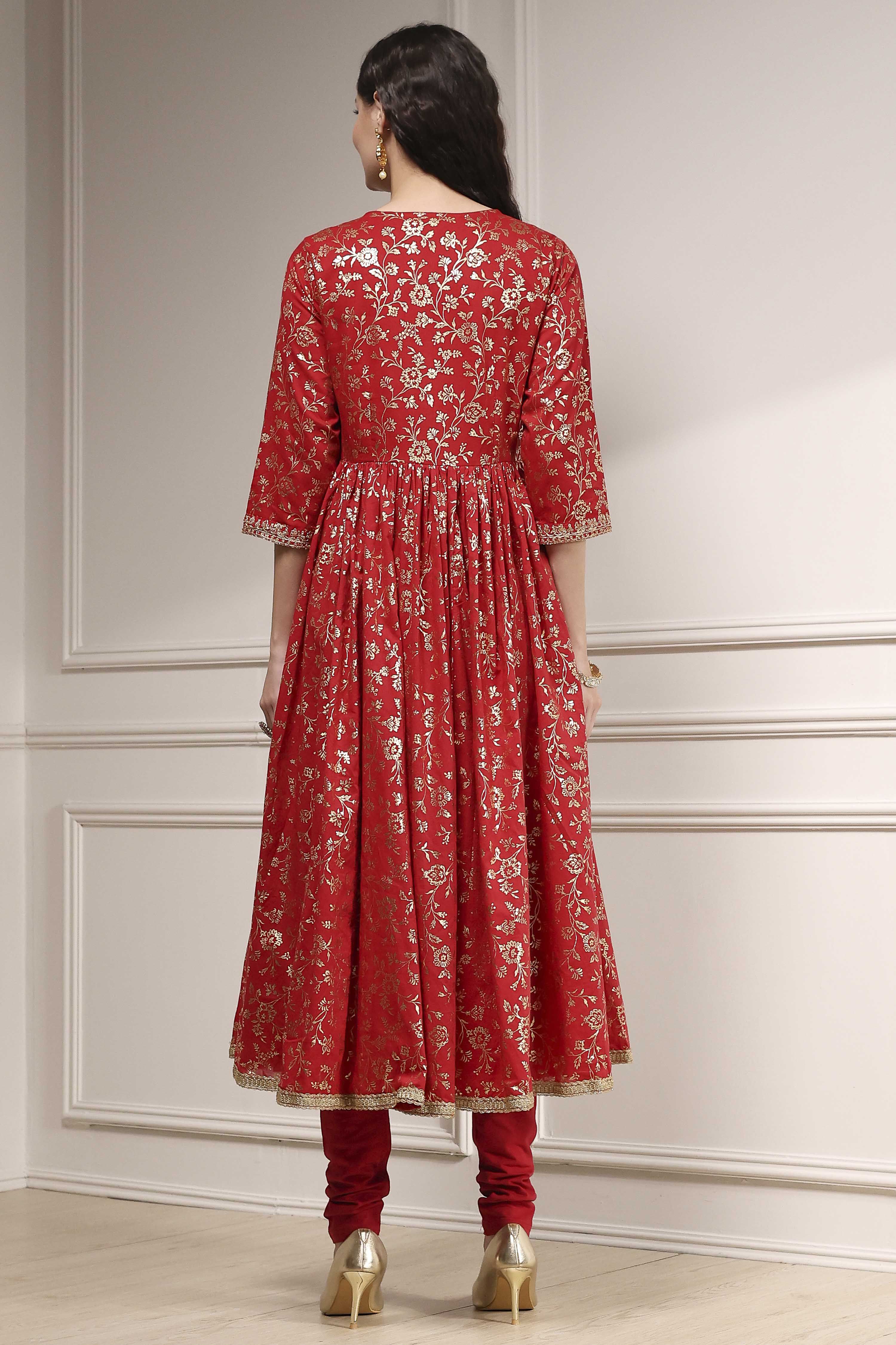 Off-White Cotton Foil Printed Anarkali Suit Set image number 4