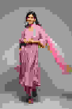 Pink Viscose Gathered Kurta Pants Suit Set image number 0