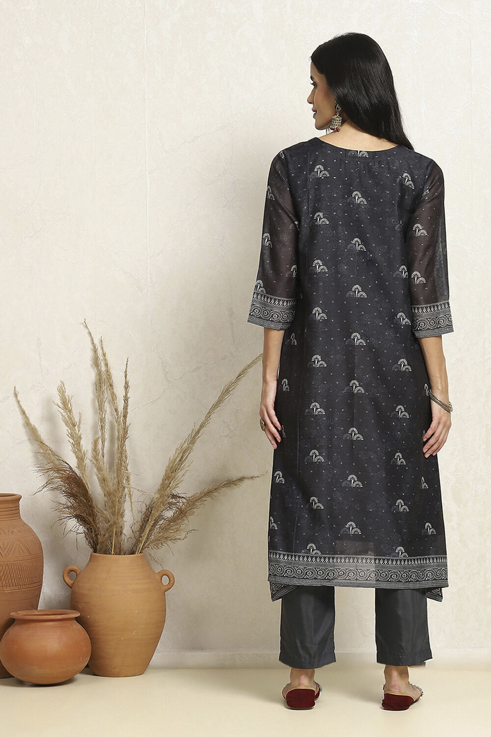 Charcoal Chanderi Floral Printed Unstitched Suit Set image number 5