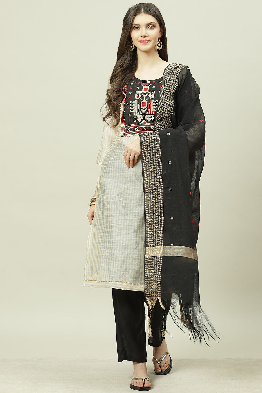 Yellow Chanderi Machine Embroidered Unstitched Suit Set image number 0