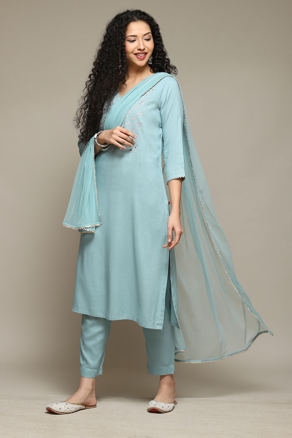 Powder Blue Rayon Straight Kurta Pants Suit Set image number 0