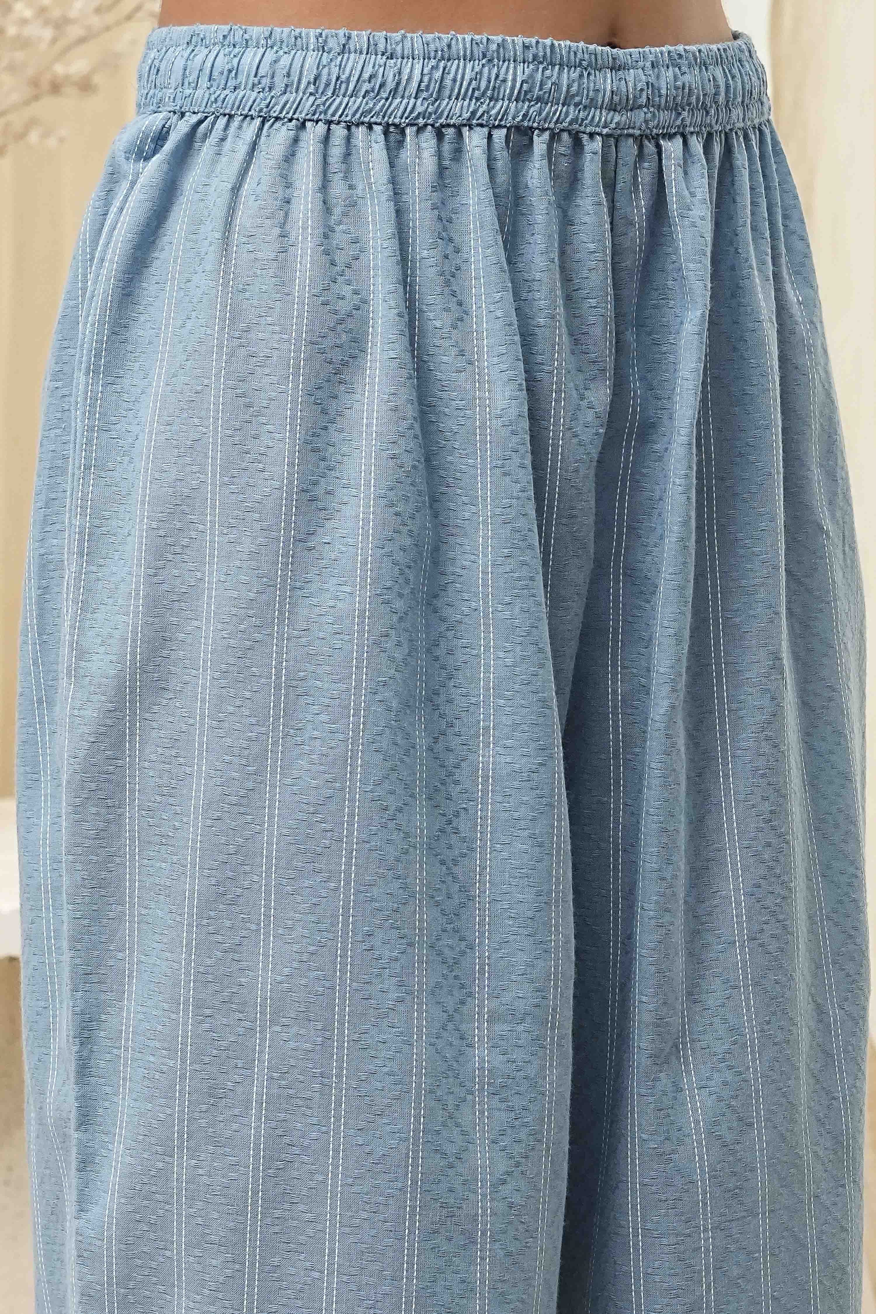 Blue Cotton Embroidered Straight Kurta Set image number 2