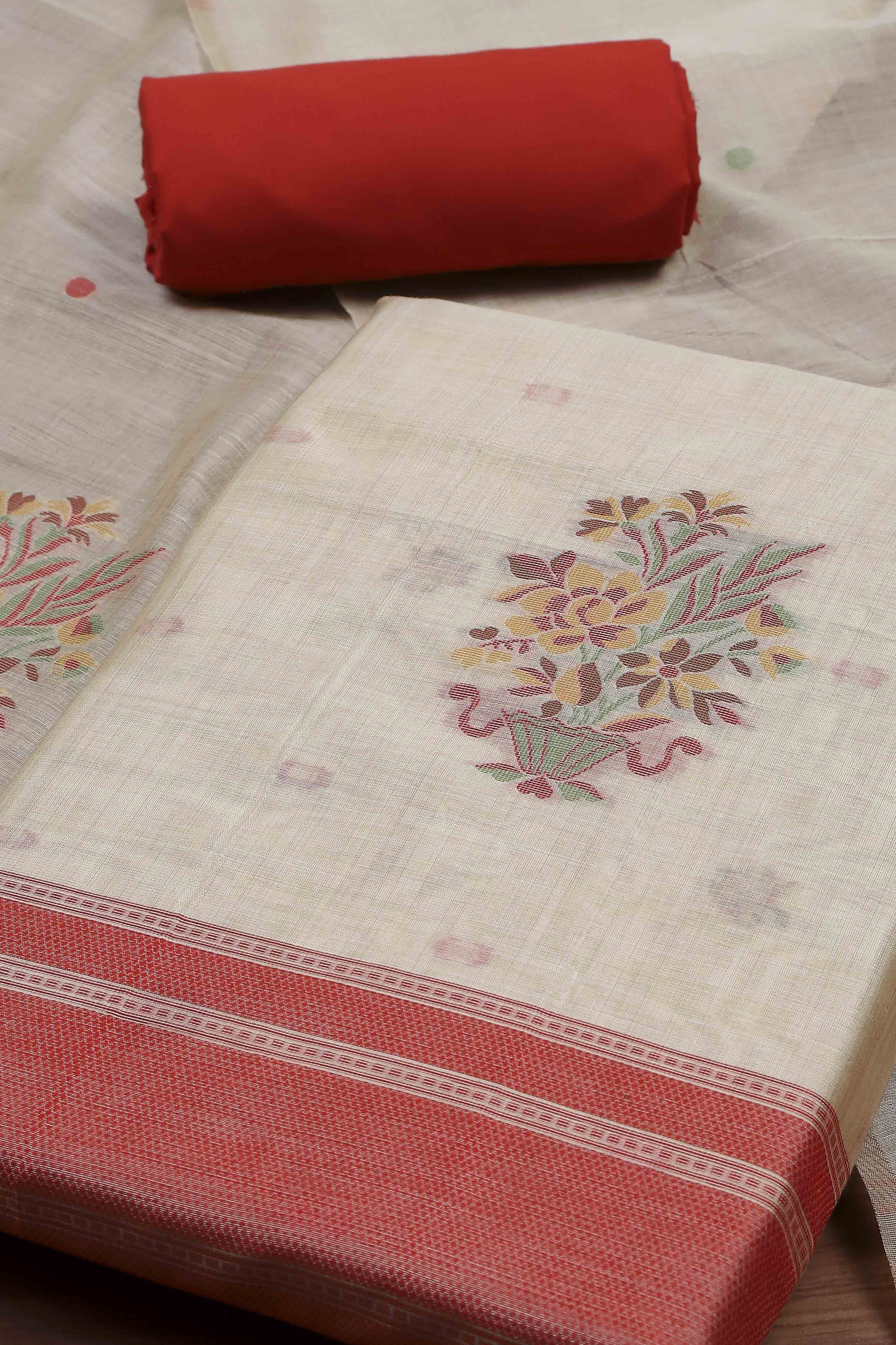 Rust Cotton Jamdani Unstitched Suit Set image number 1