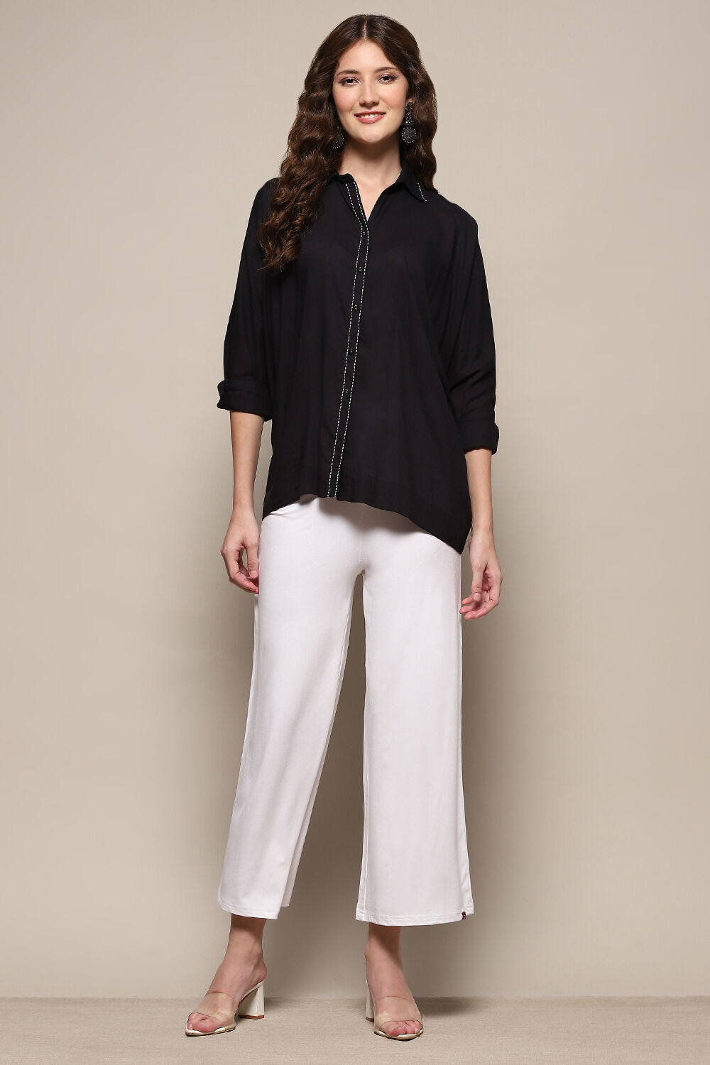 Beige Viscose Blend Solid Palazzo image number 0