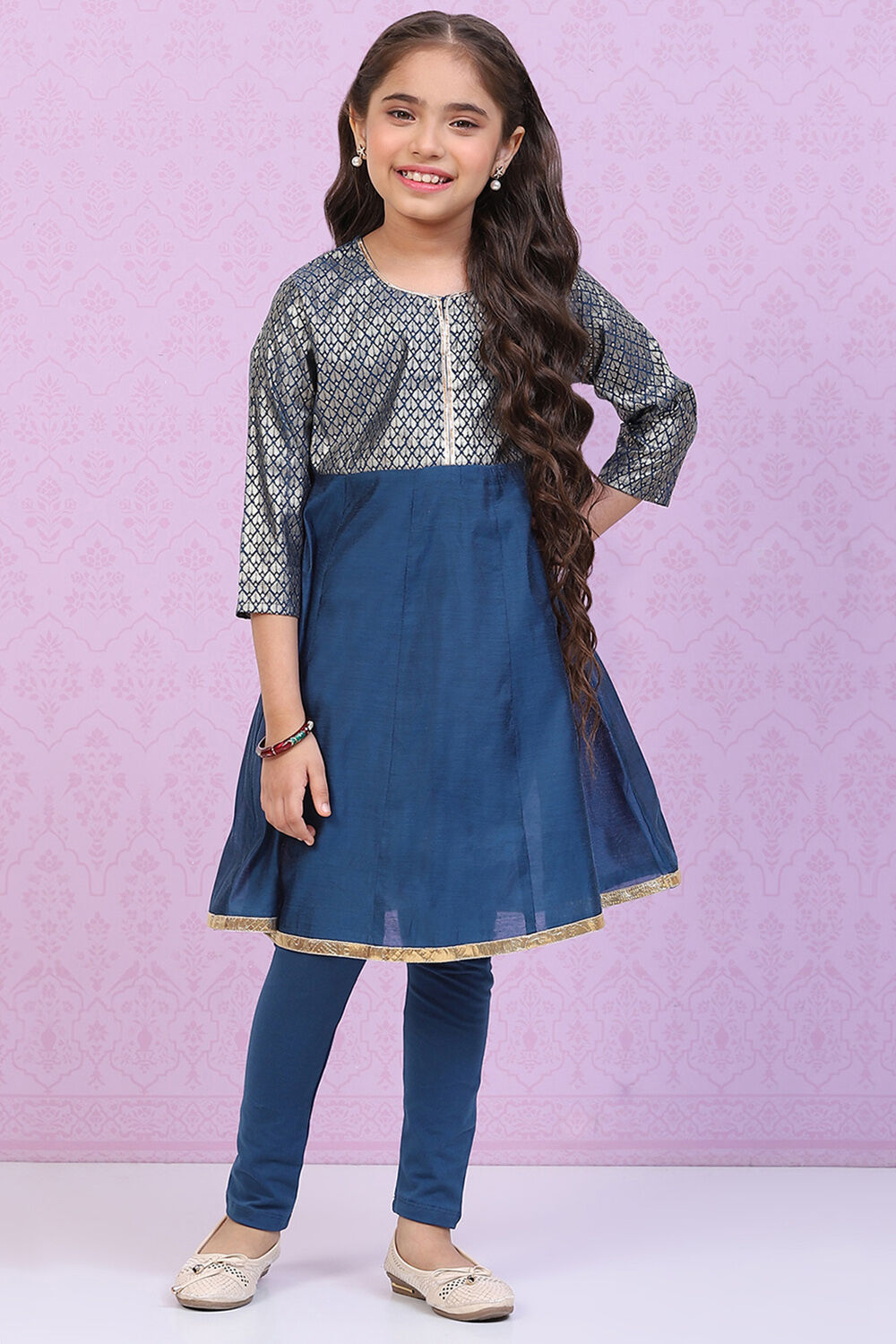 Blue Art Silk Straight Printed Kurta Set image number 0