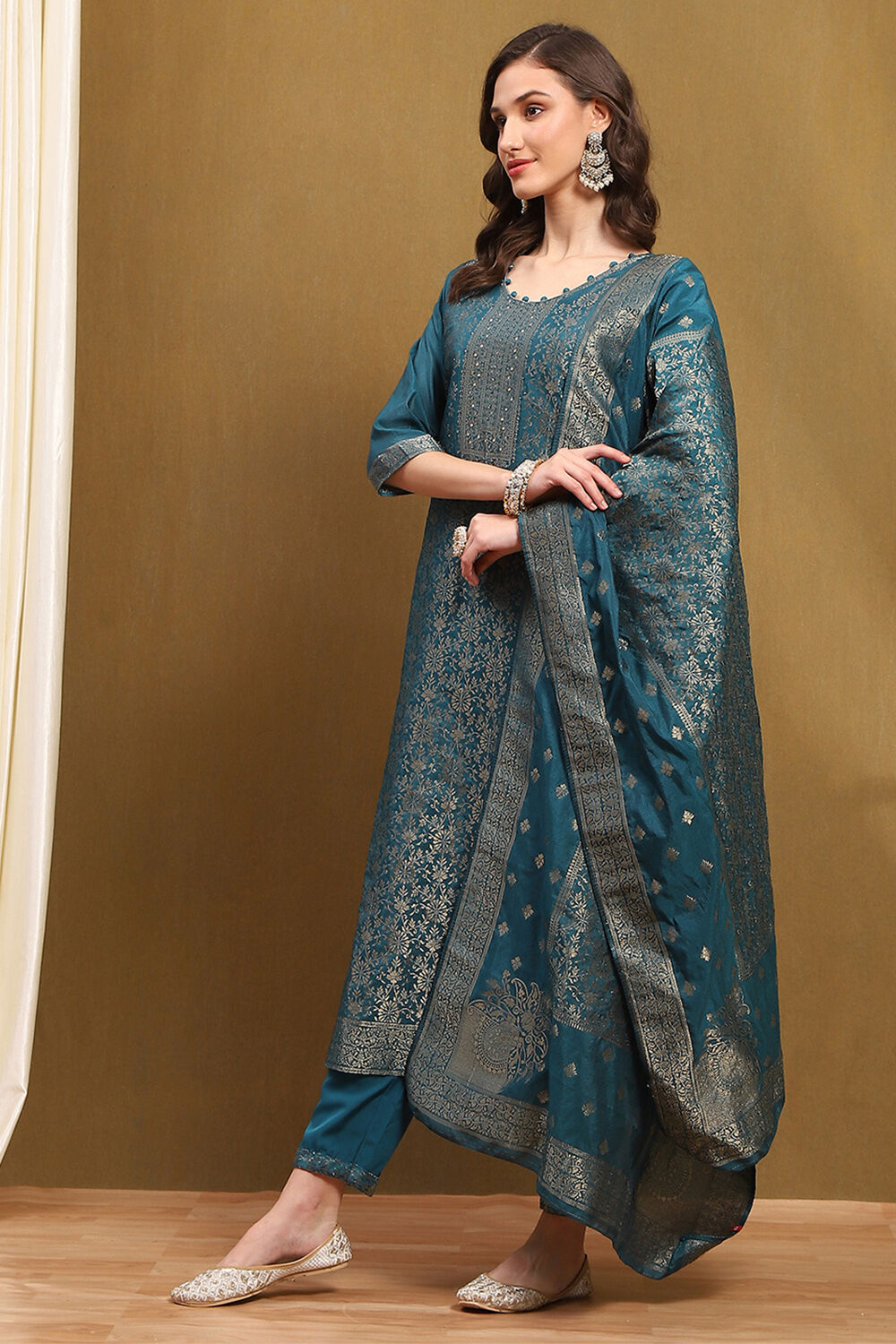 Mustard Yellow Silk Blend Woven Unstitched Suit Set image number 2