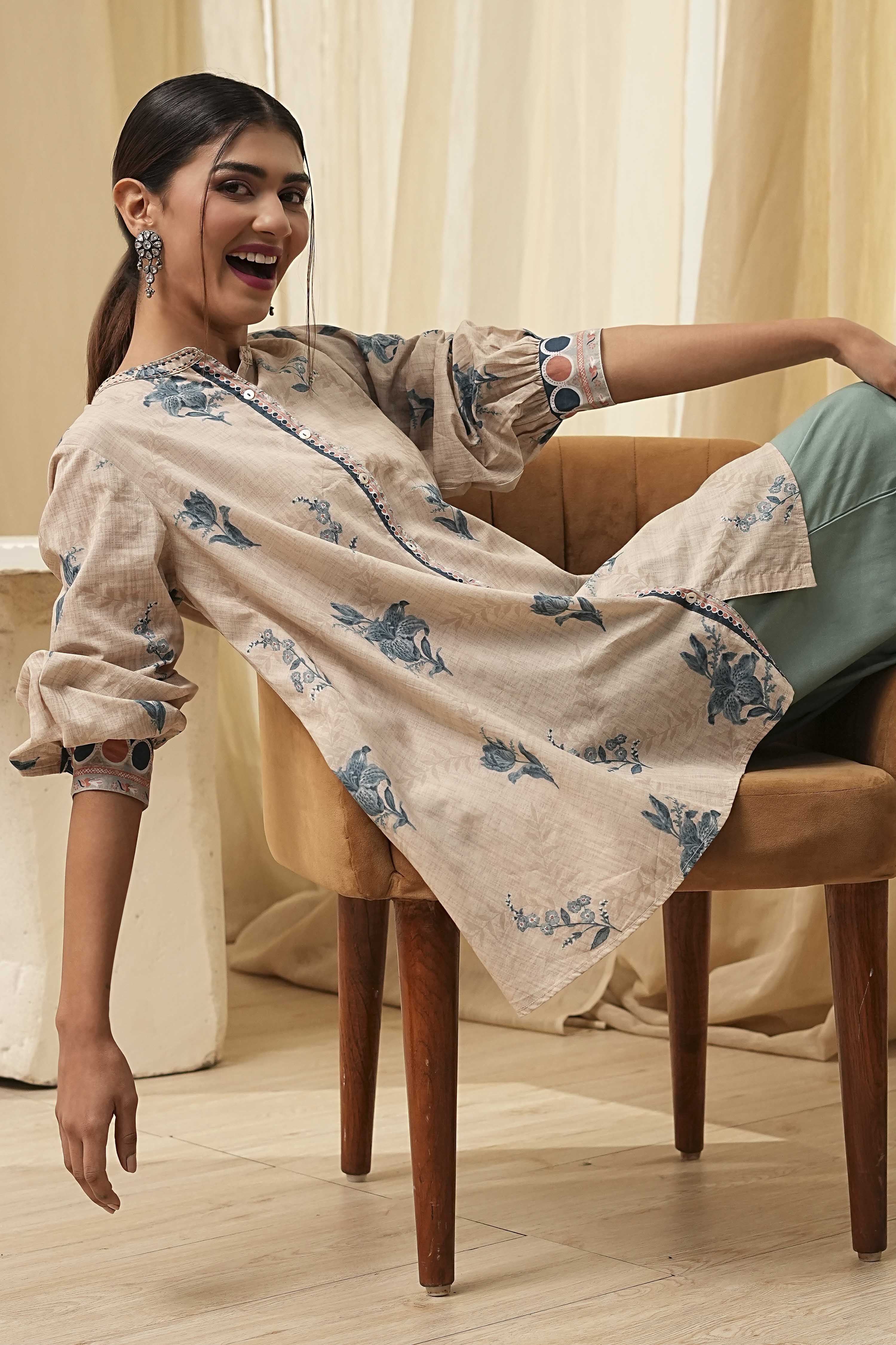 Beige Pure Cotton Shirt-Style A-Line Short Kurta image number 6