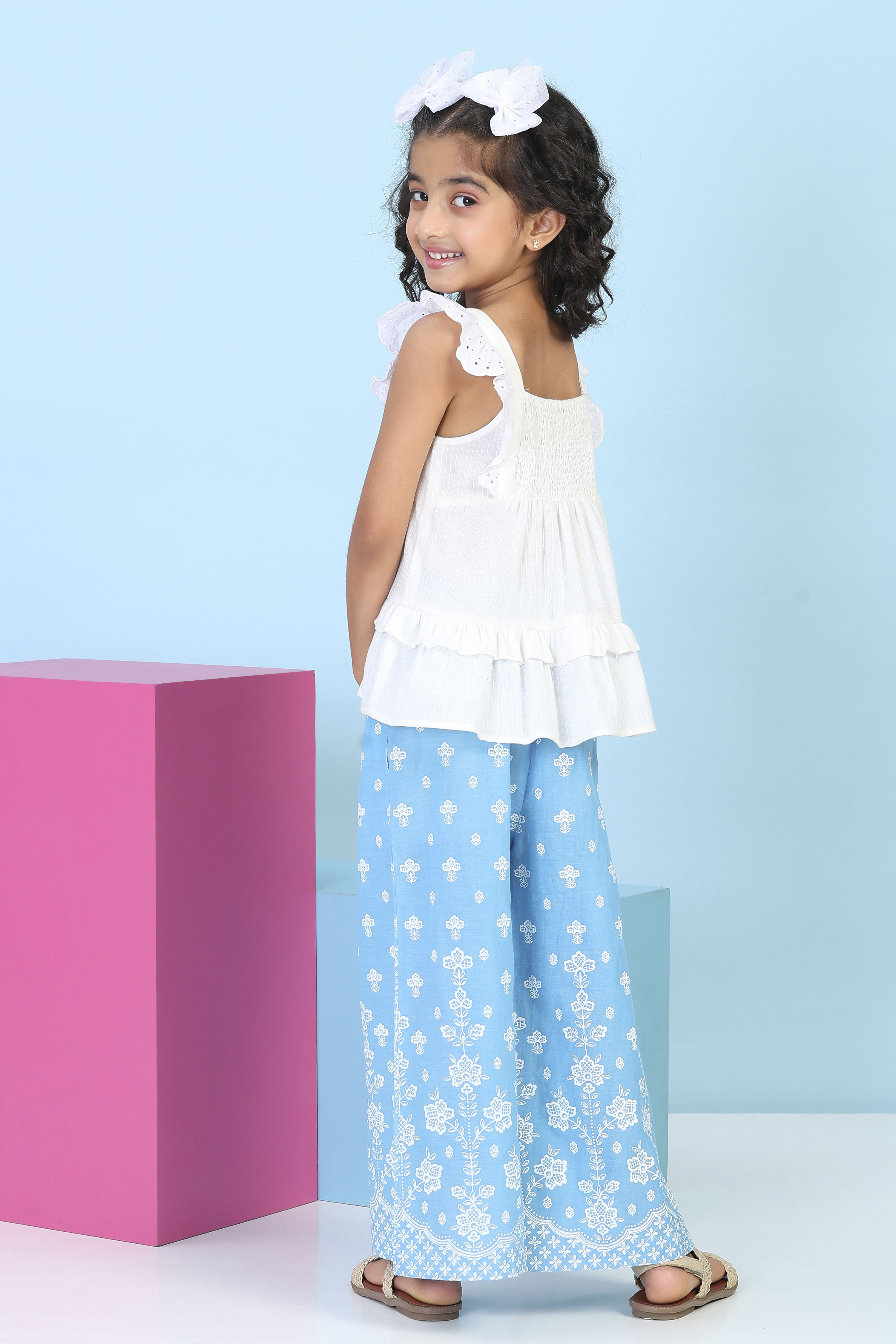 White Cotton Printed A-line Suit Set image number 5