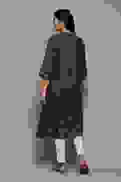 Navy Cotton Straight Yarndyed Kurta image number 3