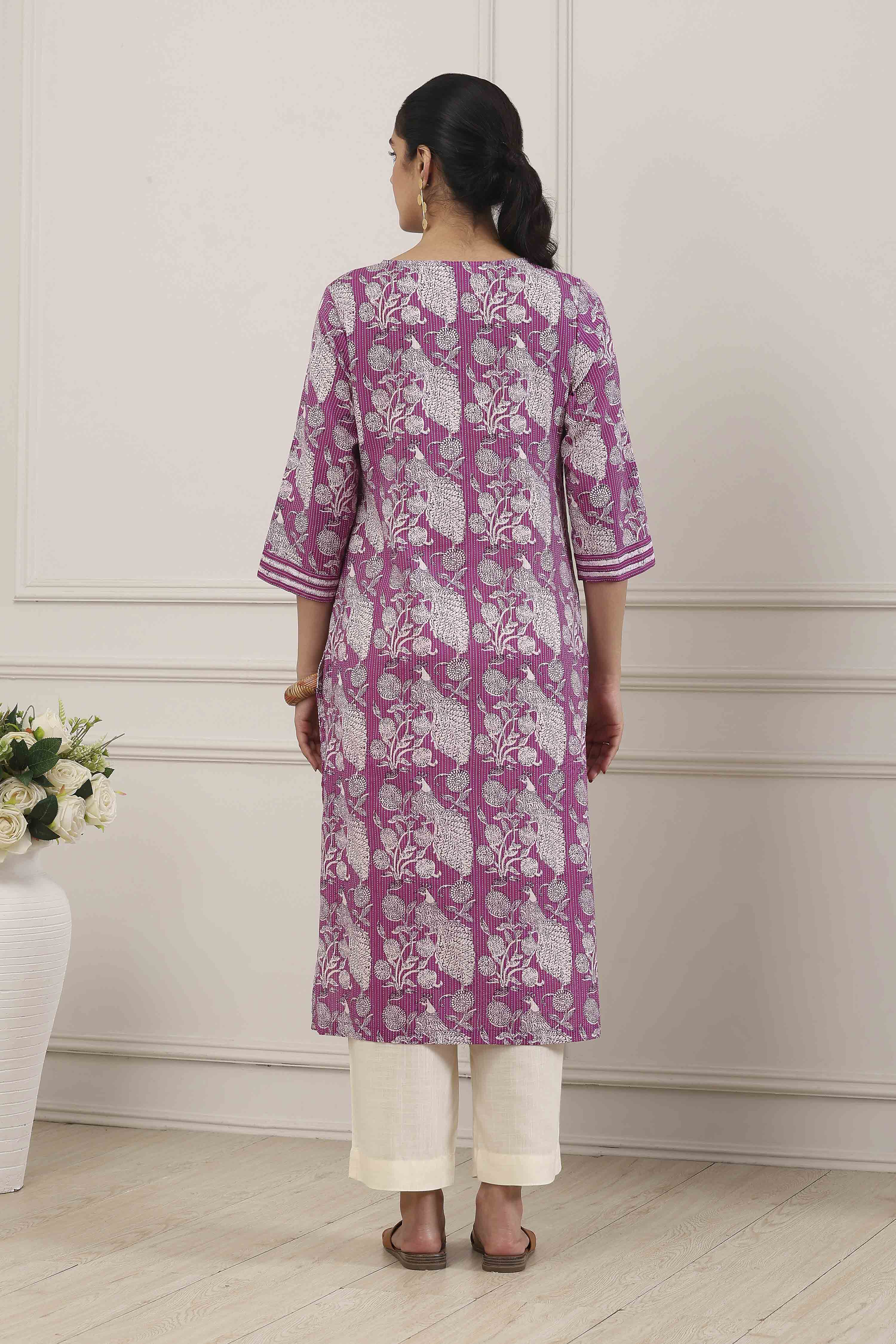 Purple Cotton All-Over Floral Straight Kurta image number 3