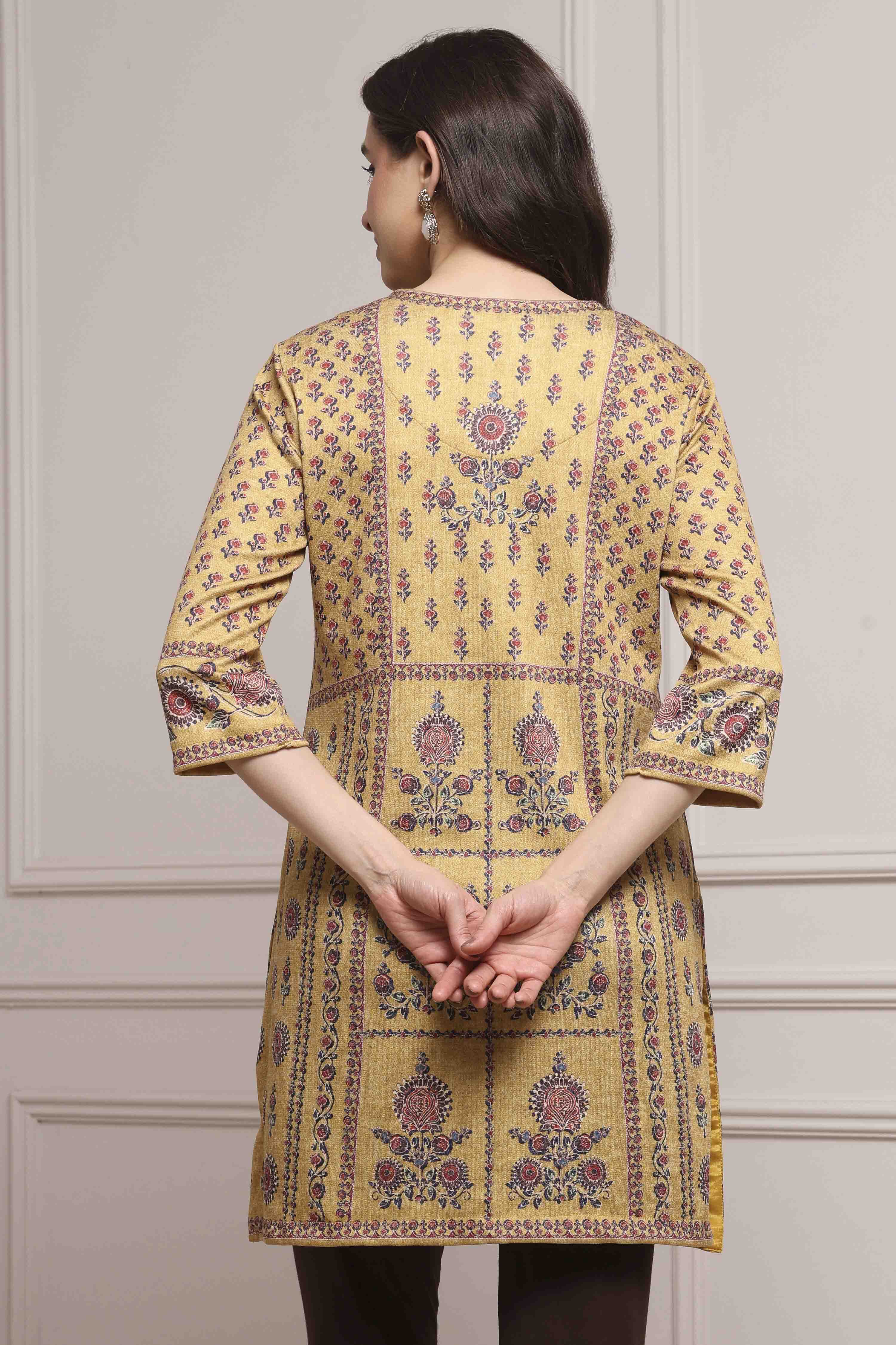 Mustard Yellow Blended Printed Kurta image number 3