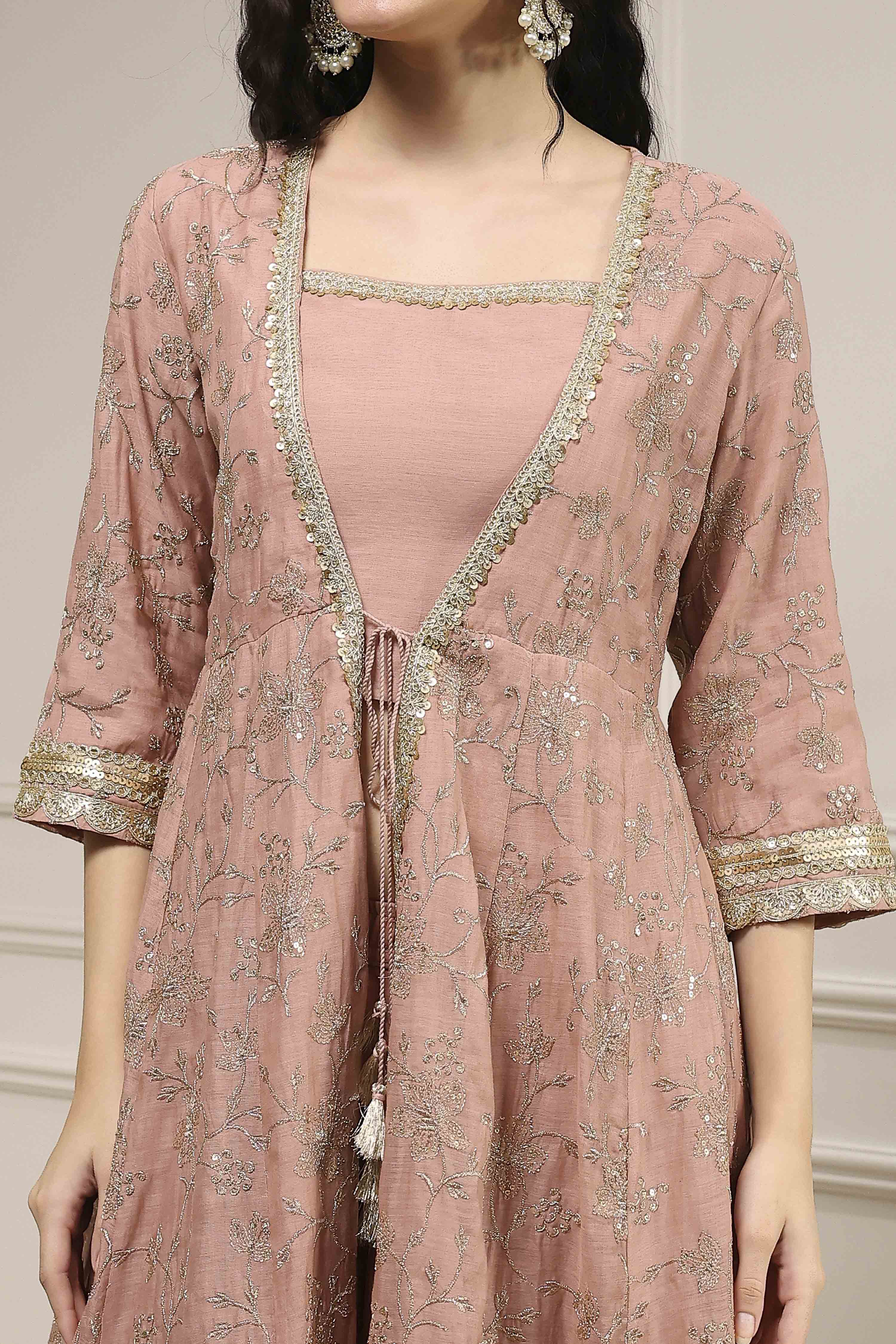 Natural White Embroidered Anarkali Fusion Set image number 1