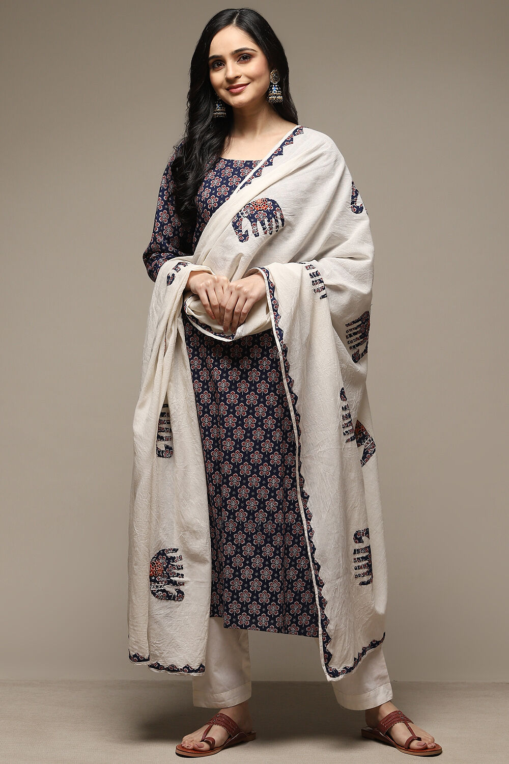 Blue Cotton Hand Block Print Unstitched Suit Set image number 1