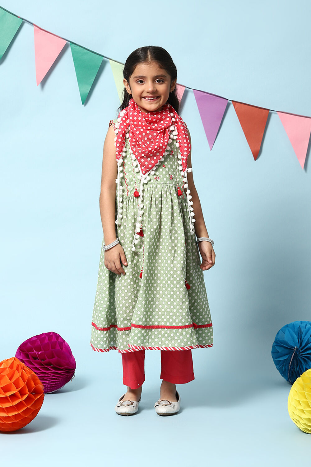 Green Cotton Flared Kurta Straight Palazzo Suit Set image number 7