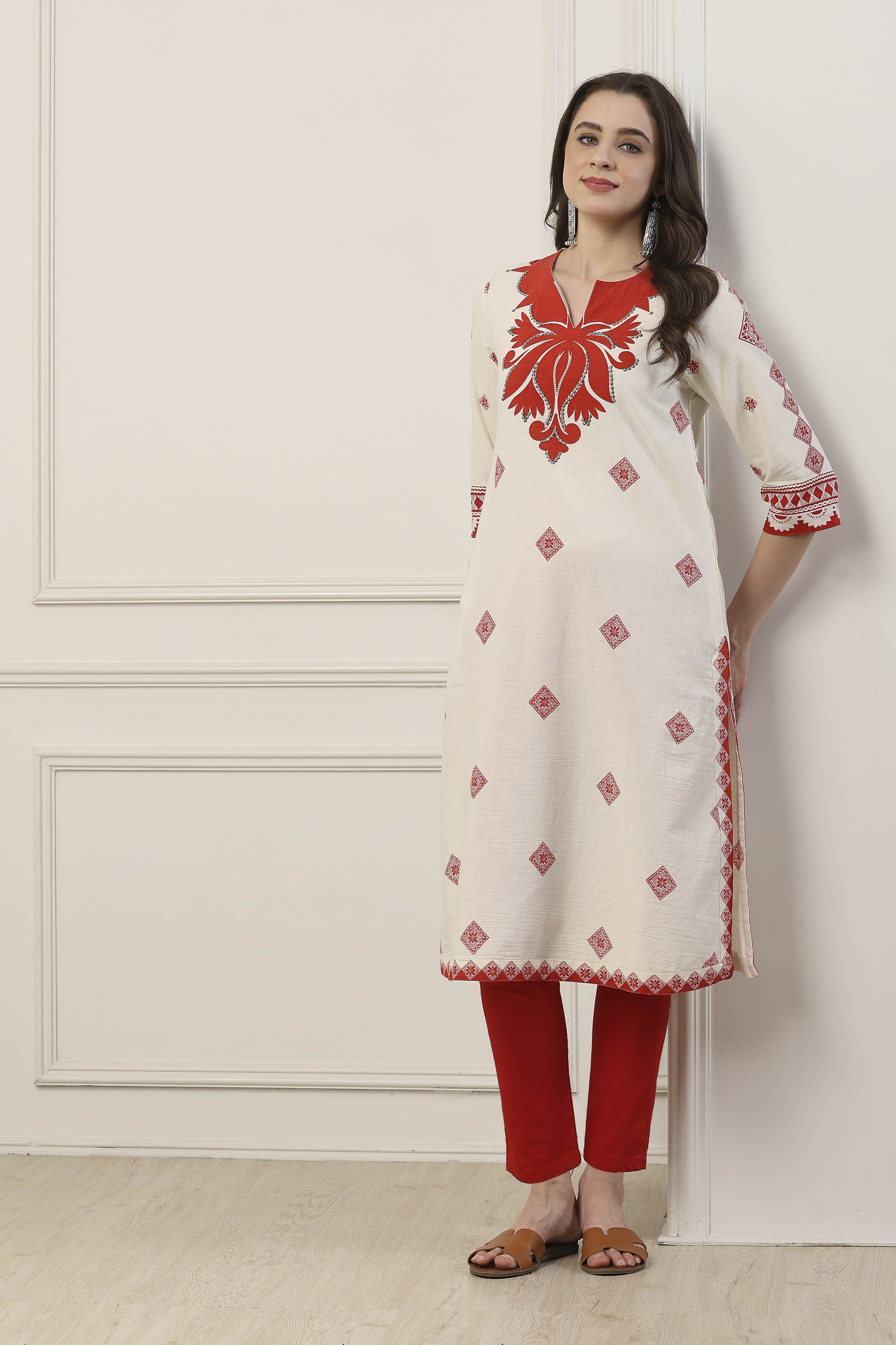Orange Cotton Straight Kurta image number 4