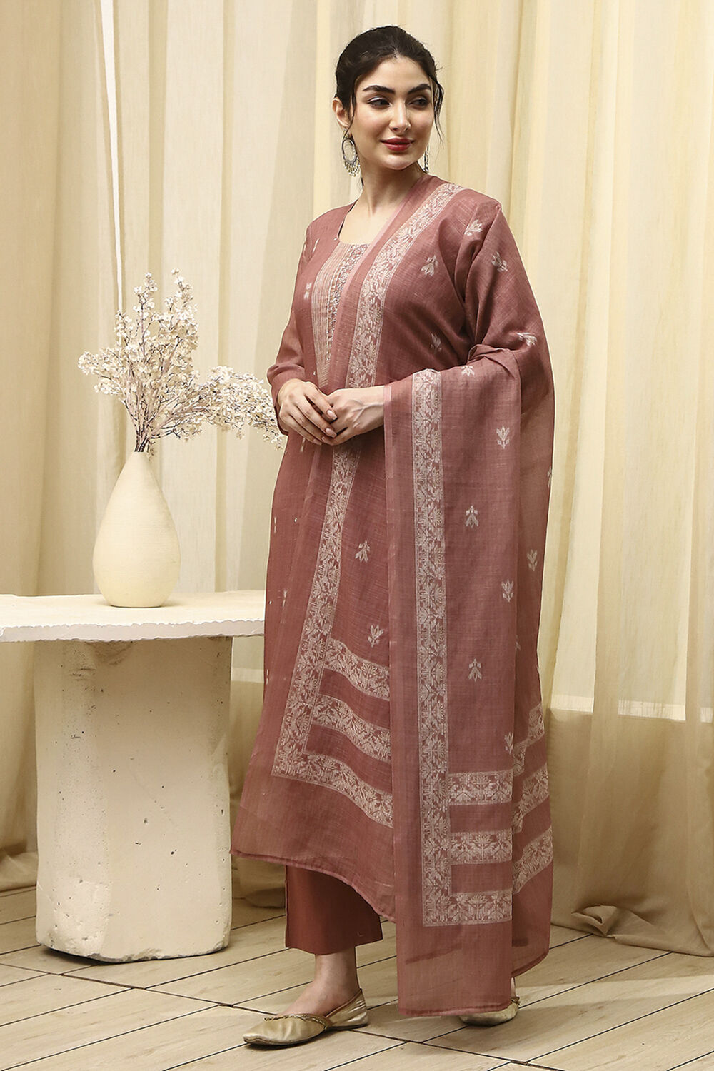 Coral Cotton Printed Embroidered Unstitched Suit Set image number 4