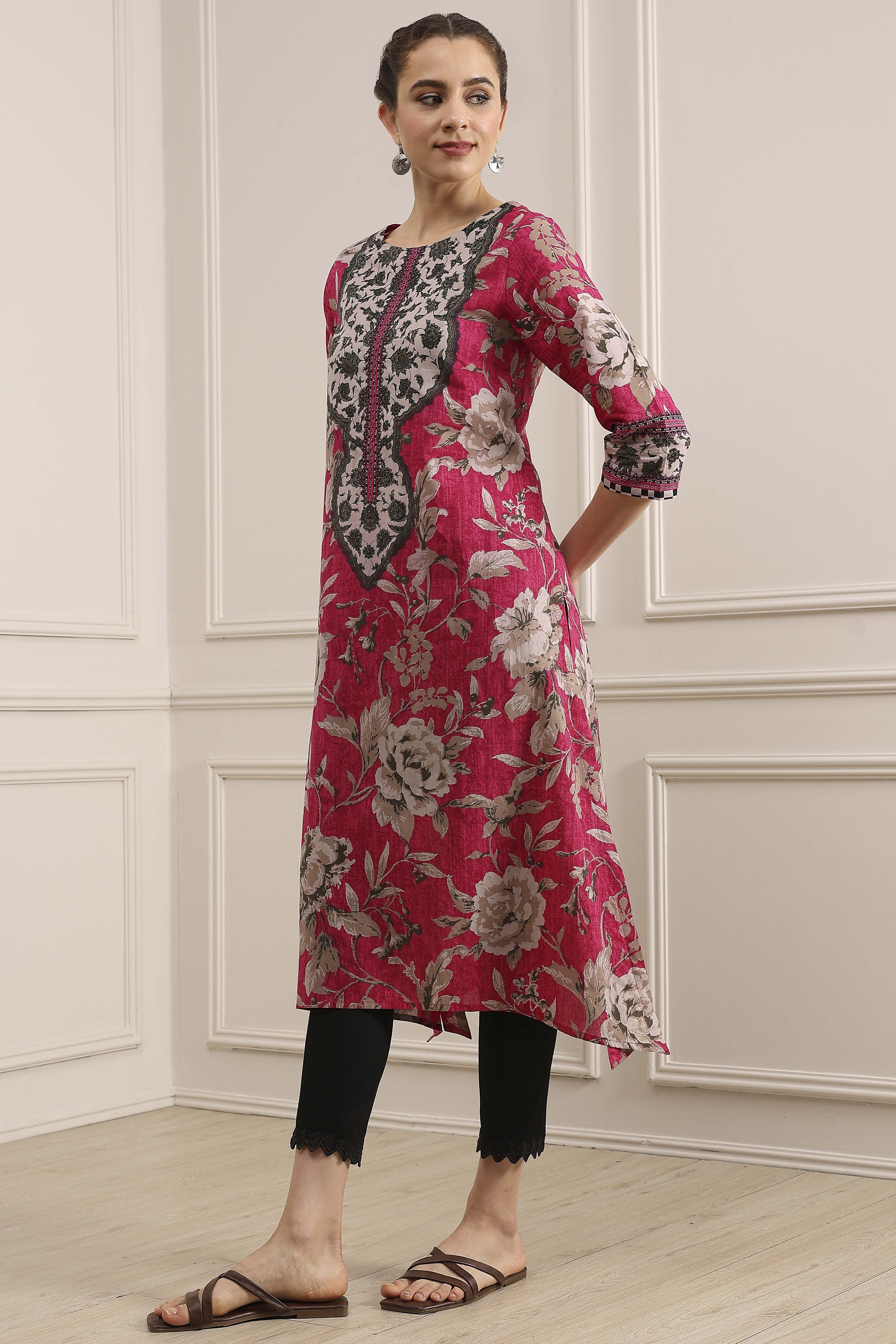 Pink Cotton Printed Straight Kurta image number 2