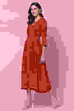 Rust LIVA Flared Fusion Printed Dress image number 2