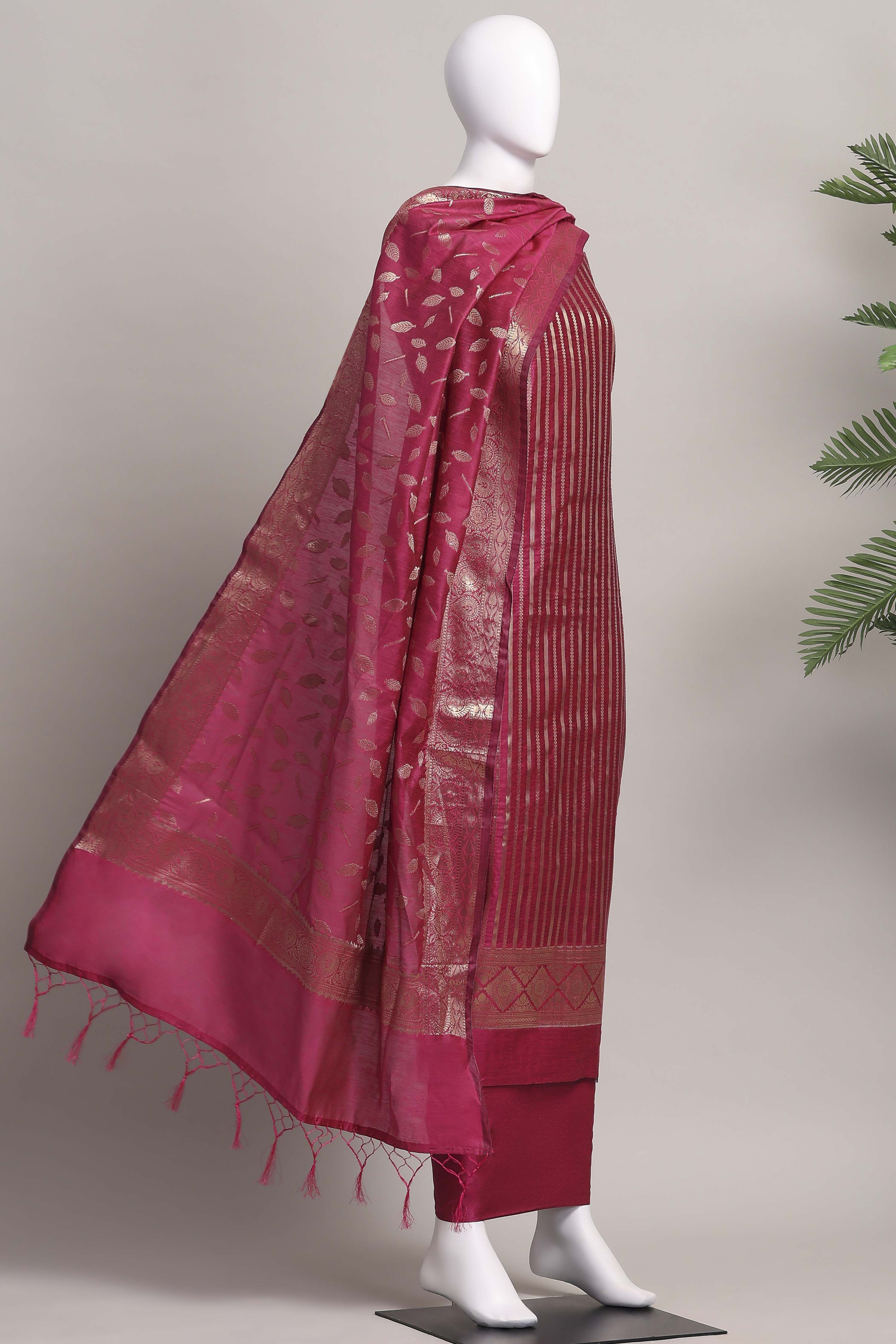 Mustard Banarasi Chanderi Banarasi Print Unstitched Suit Set image number 4