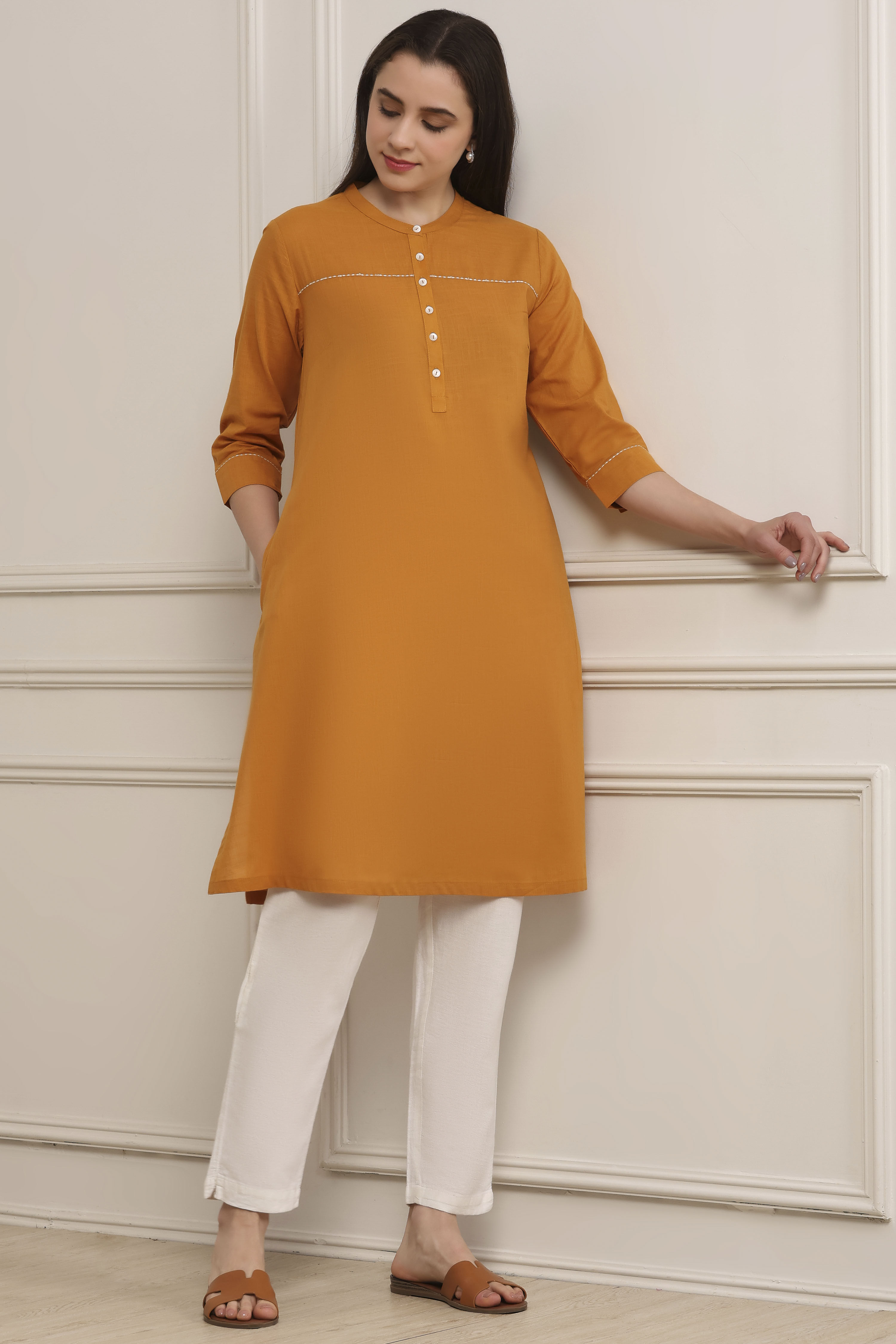 Mustard Yellow Cotton Solid Straight Kurta image number 0