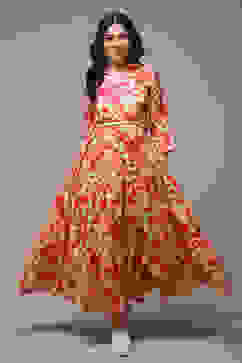 Beige Cotton Tiered Printed Dress image number 0