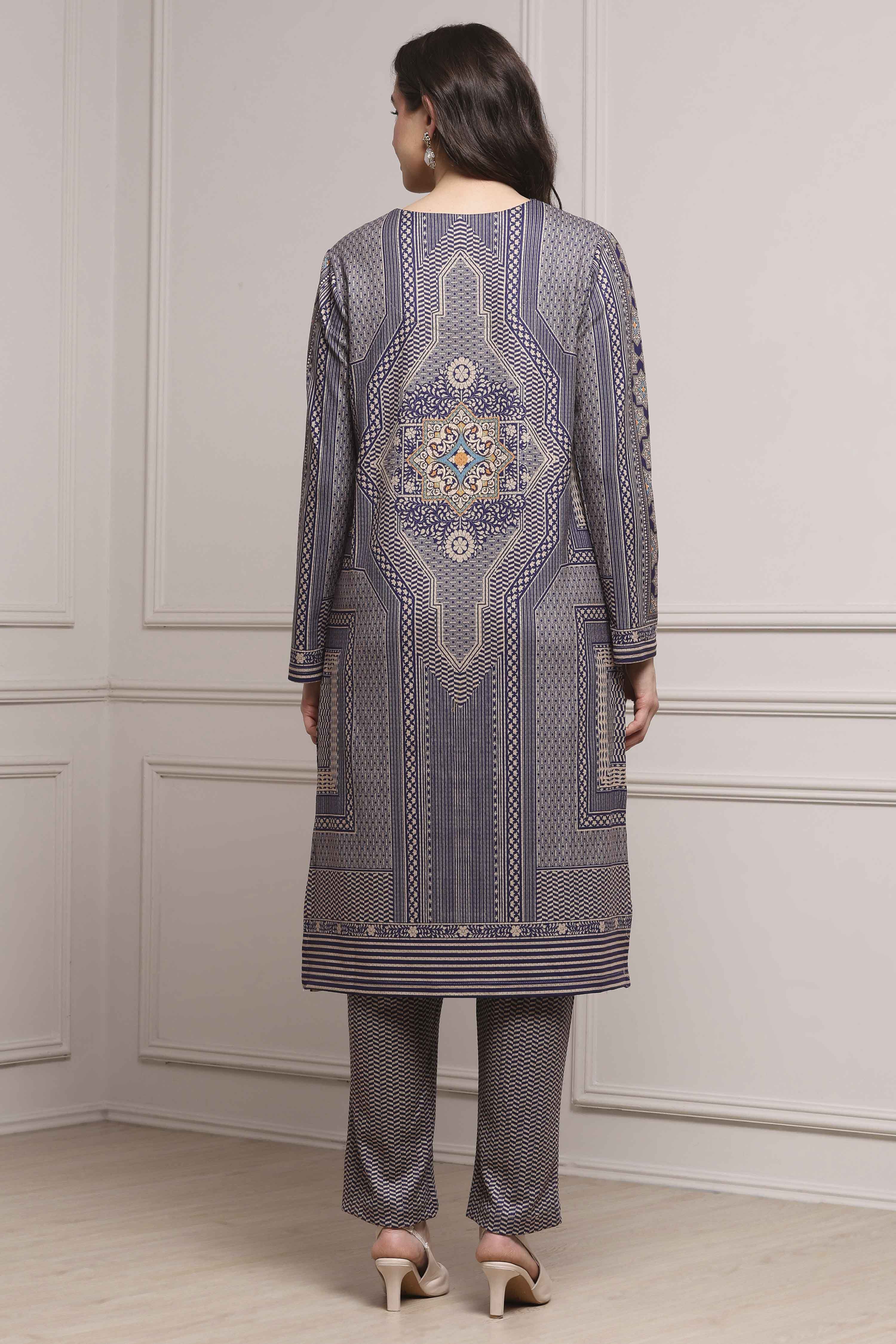Blue Polyester Straight Printed Kurta Set image number 4