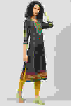 Navy LIVA Straight Printed Kurta image number 3