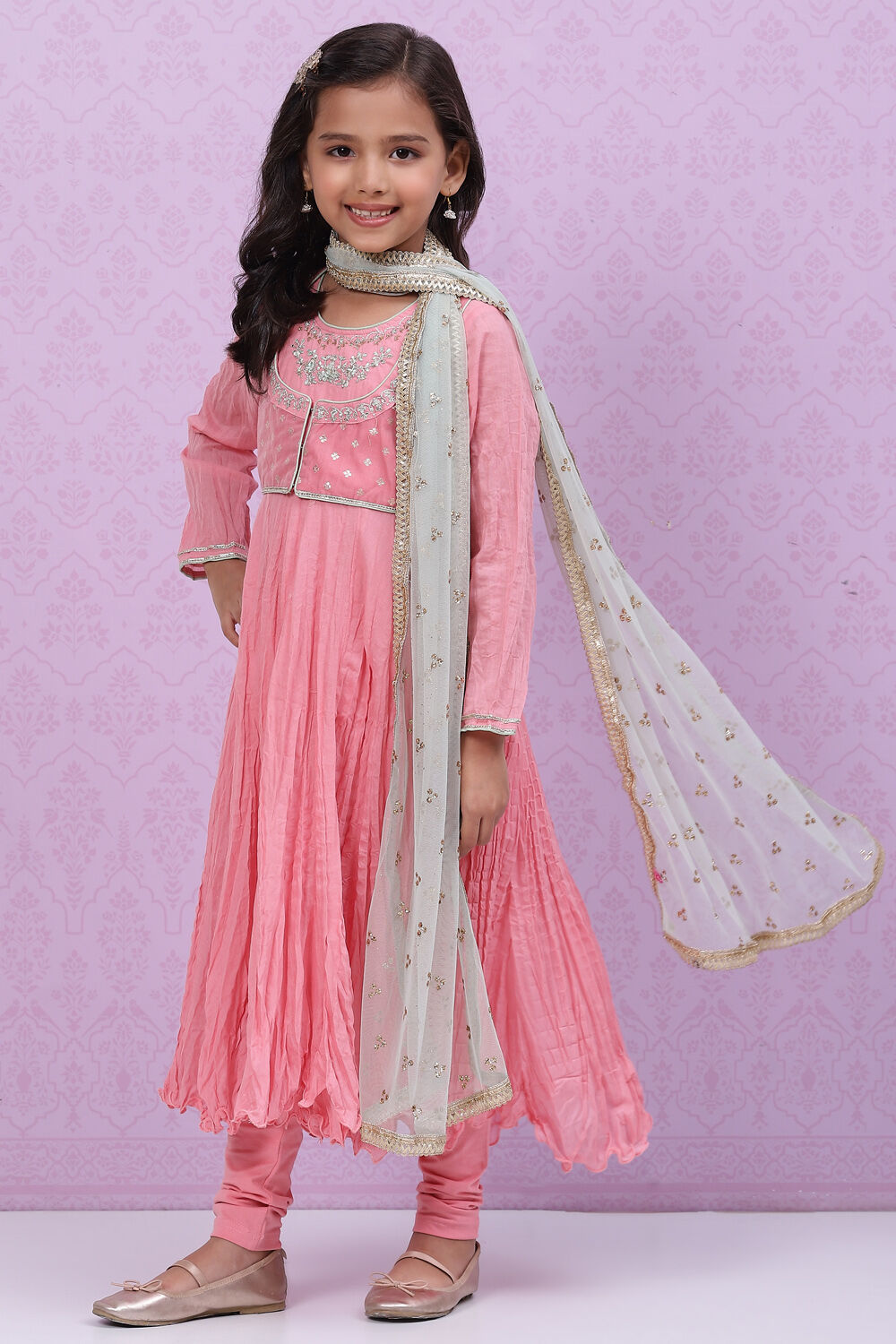 Onion Pink Cotton Anarkali Kurta Churidar Suit Set image number 6