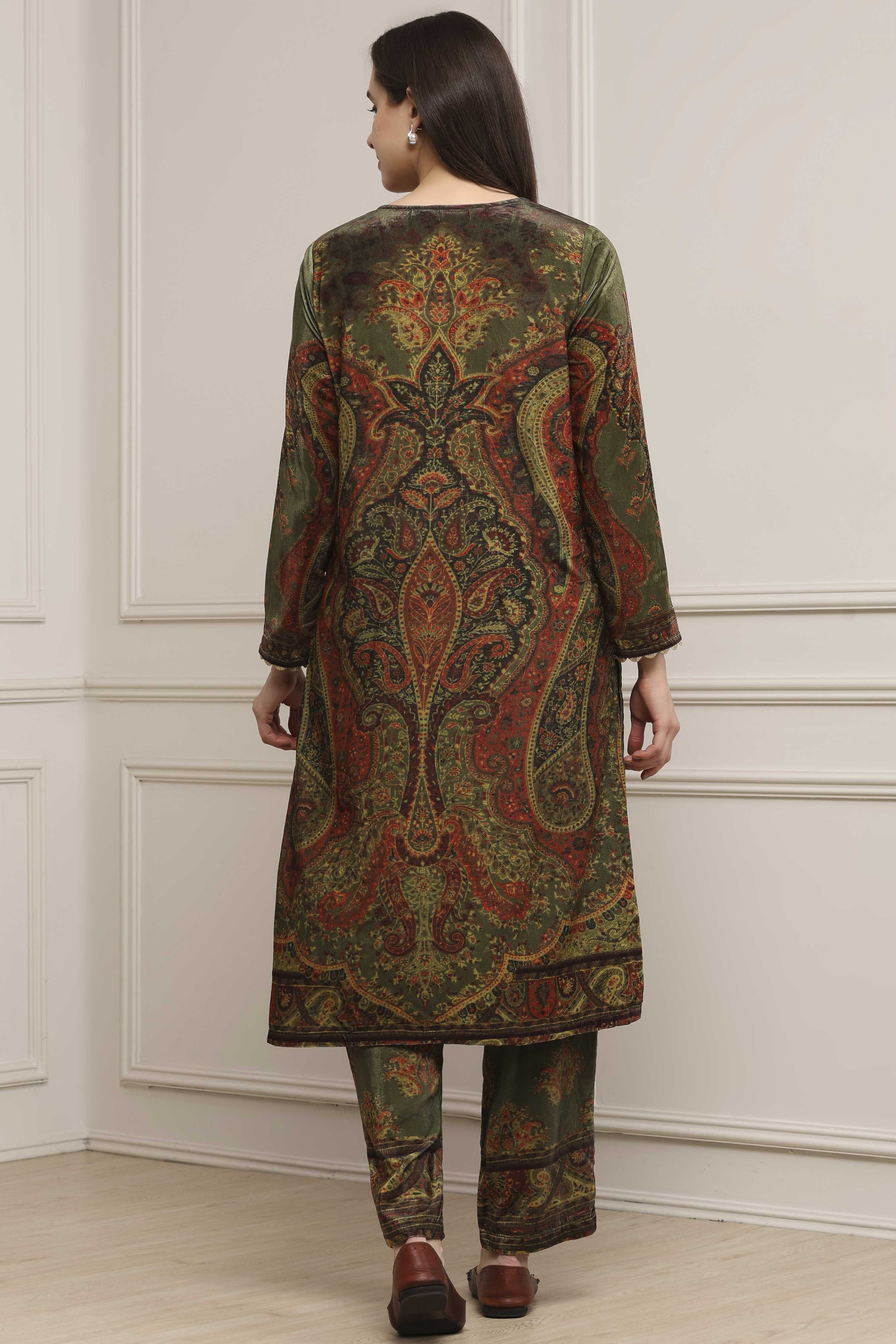 Green Polyester Straight Printed Kurta Set image number 4