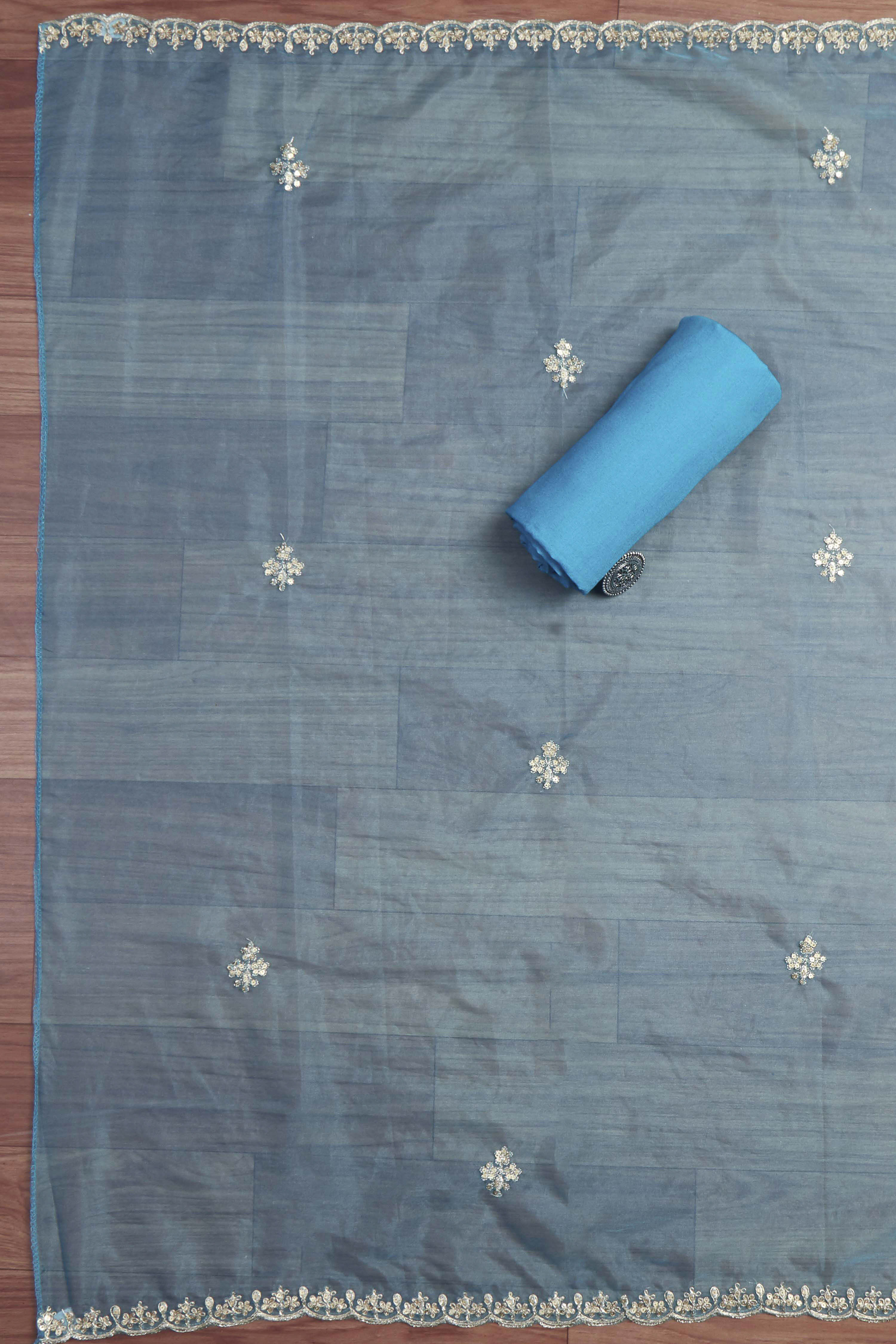 Yellow Organza Rajasthani Print Unstitched Suit Set image number 3