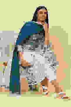 Blue White Cotton Flared Kurta Slim Pant Suit Set image number 7