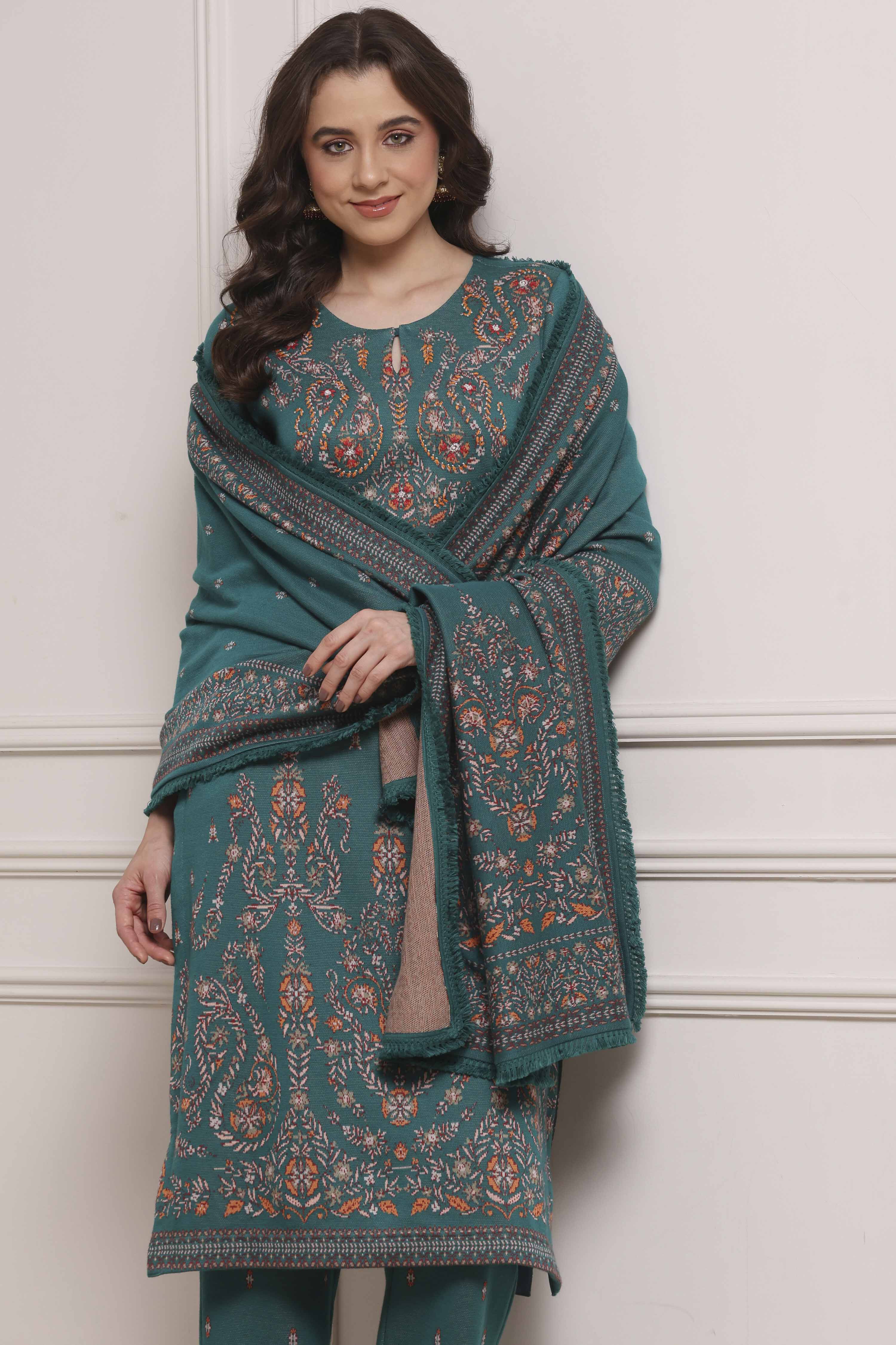 Ivory Printed Straight Winter Suit Set image number 7