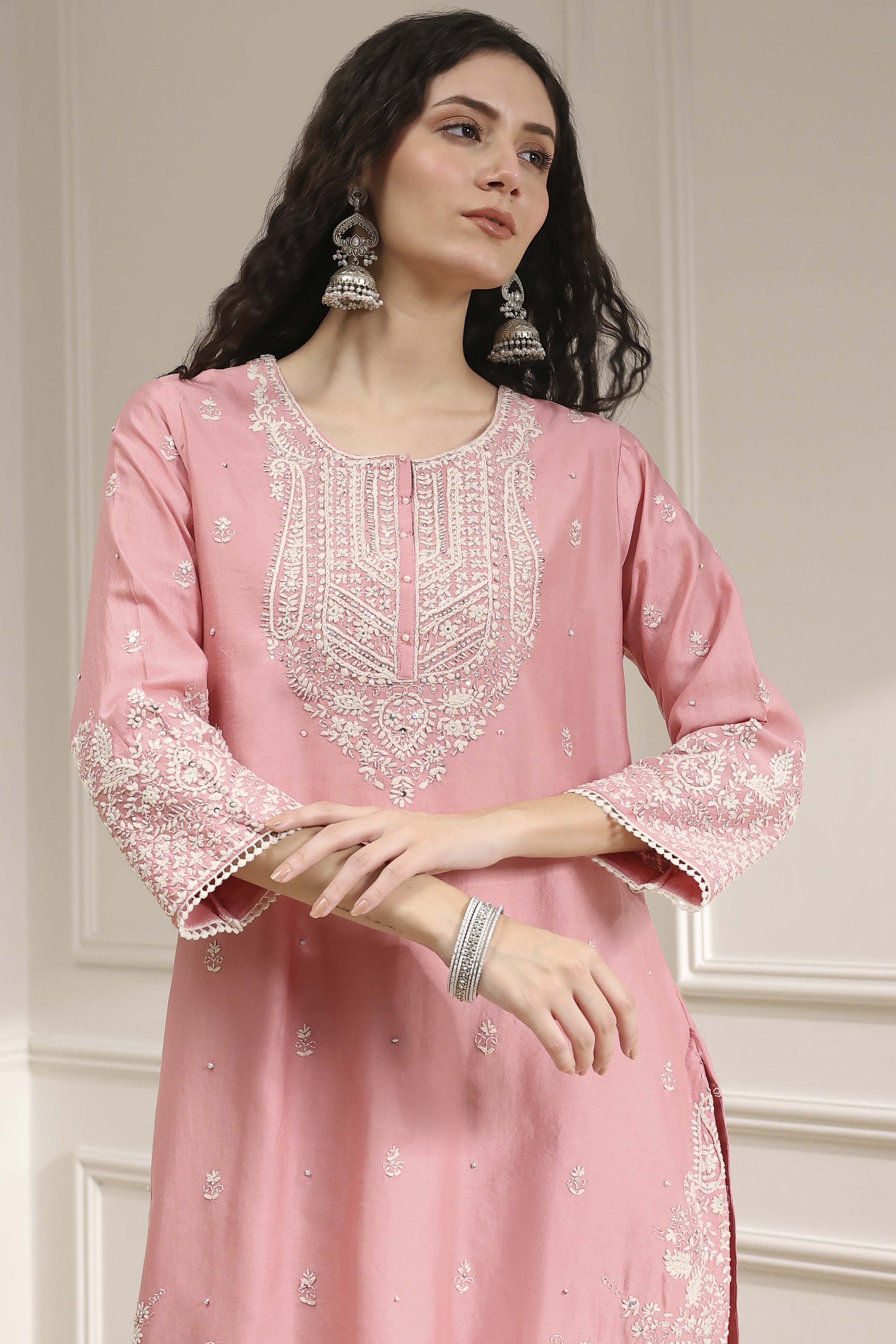Light Pink Cotton Silk Embroidered Straight Suit Set image number 1