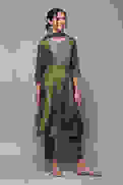 Mehandi Green Viscose Kalidar Kurta Slim Pants Suit Set image number 6