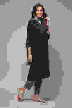 Black Rayon Gathered Kurta Pant Suit Set image number 4