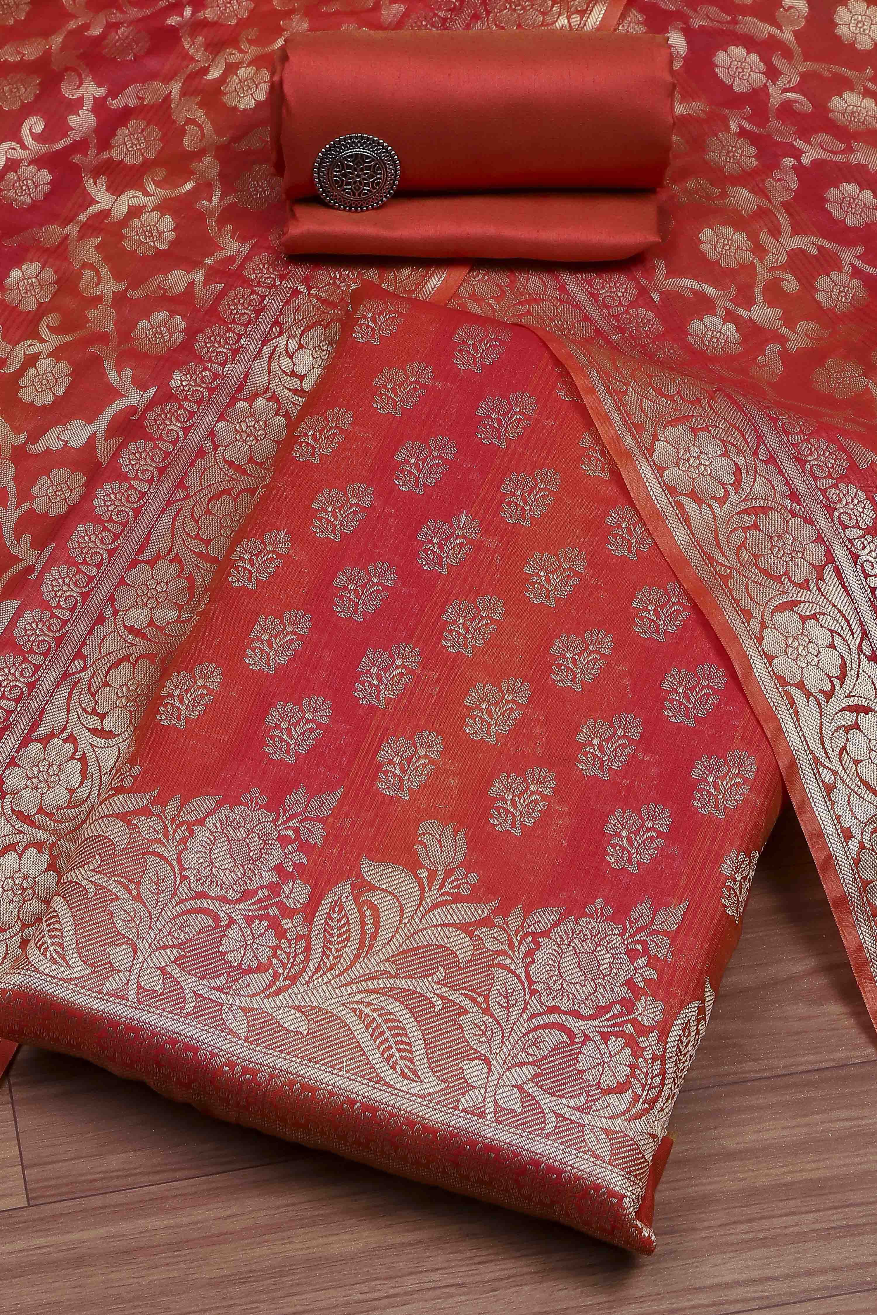 Rust Banarasi Chanderi Banarasi Print Unstitched Suit Set image number 0