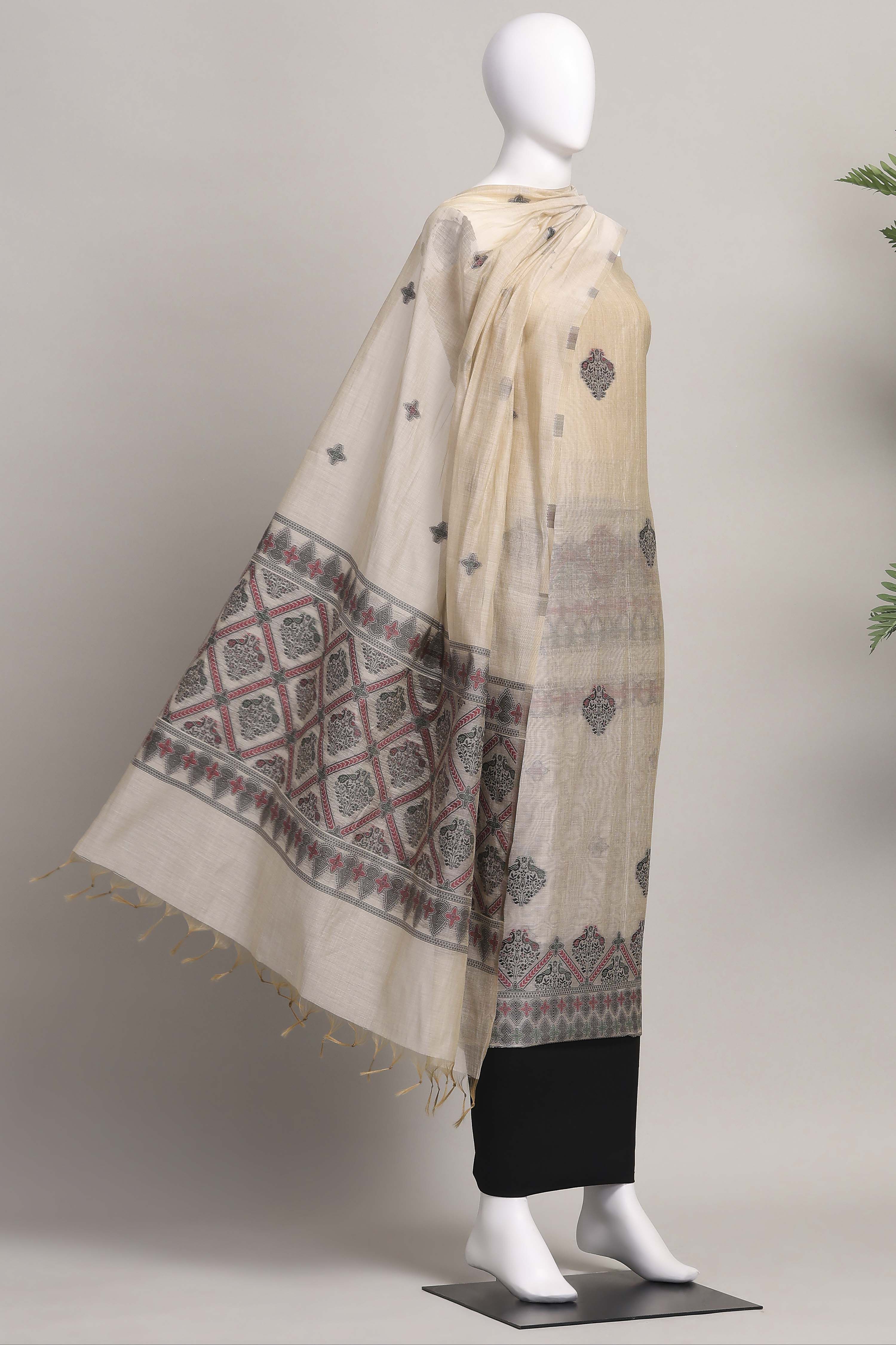 Black Cotton Jamdani Unstitched Suit Set image number 4