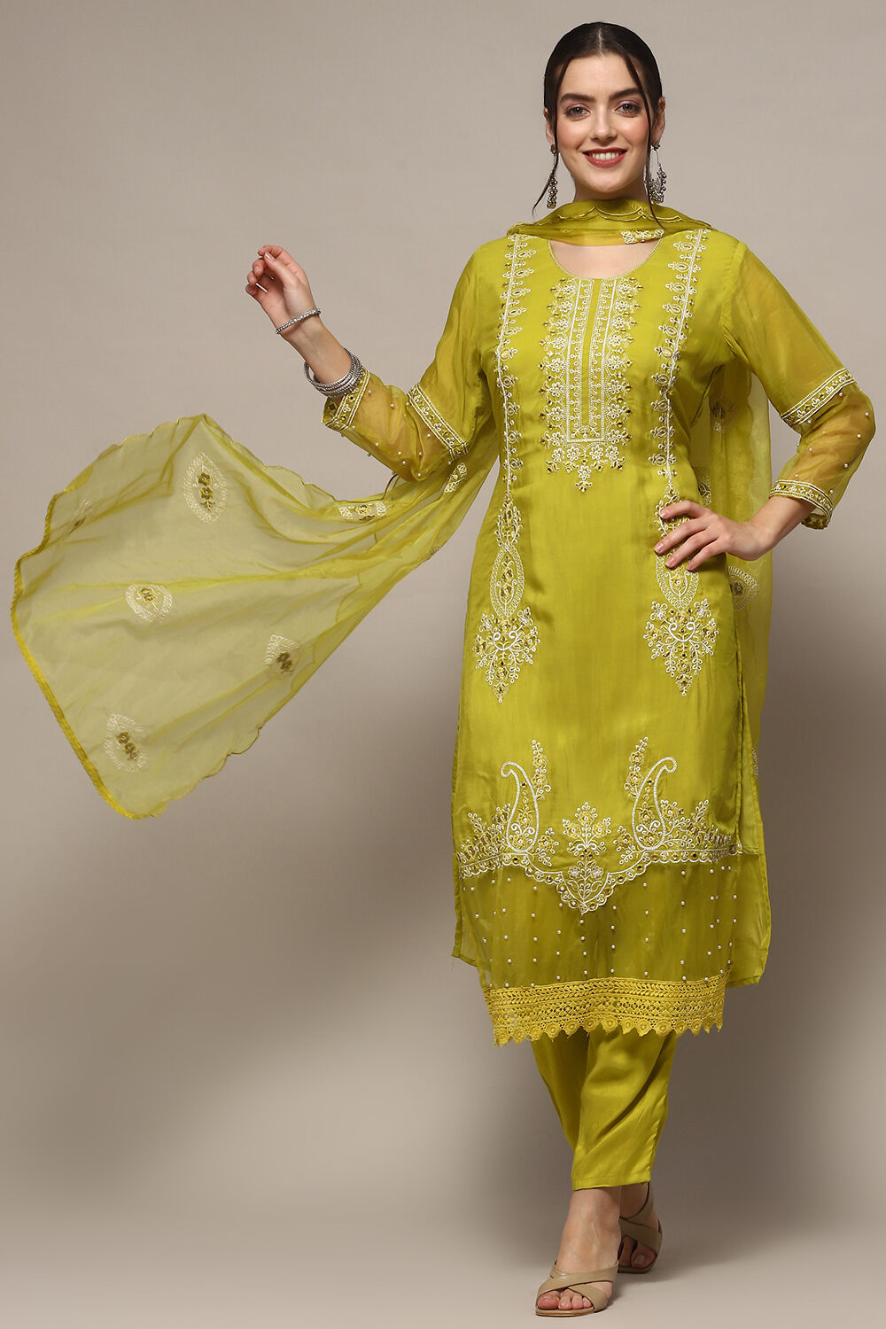 Lime Organza Unstitched Suit set image number 8