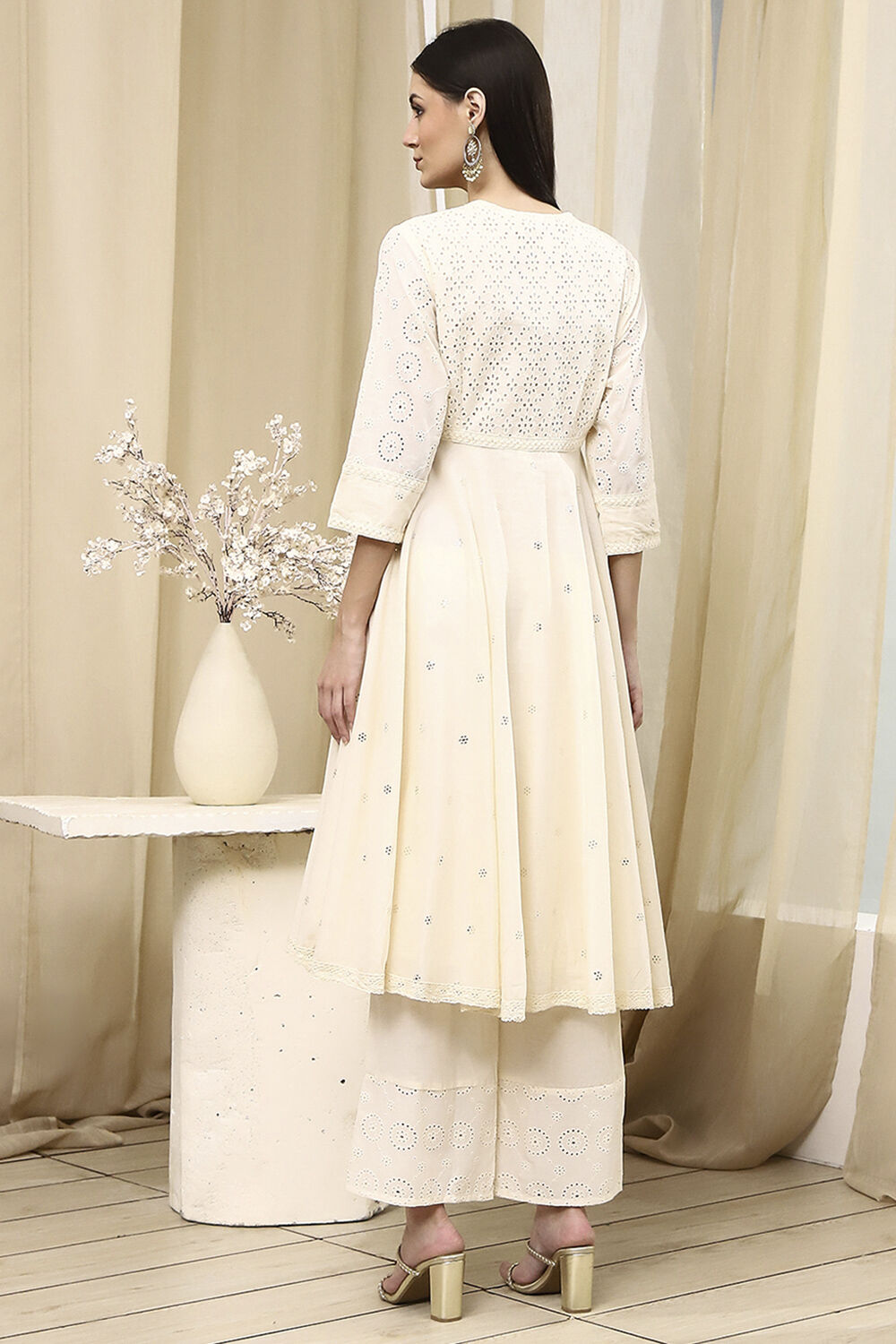 Off-White Cotton Schiffli Anarkali Suit Set image number 4
