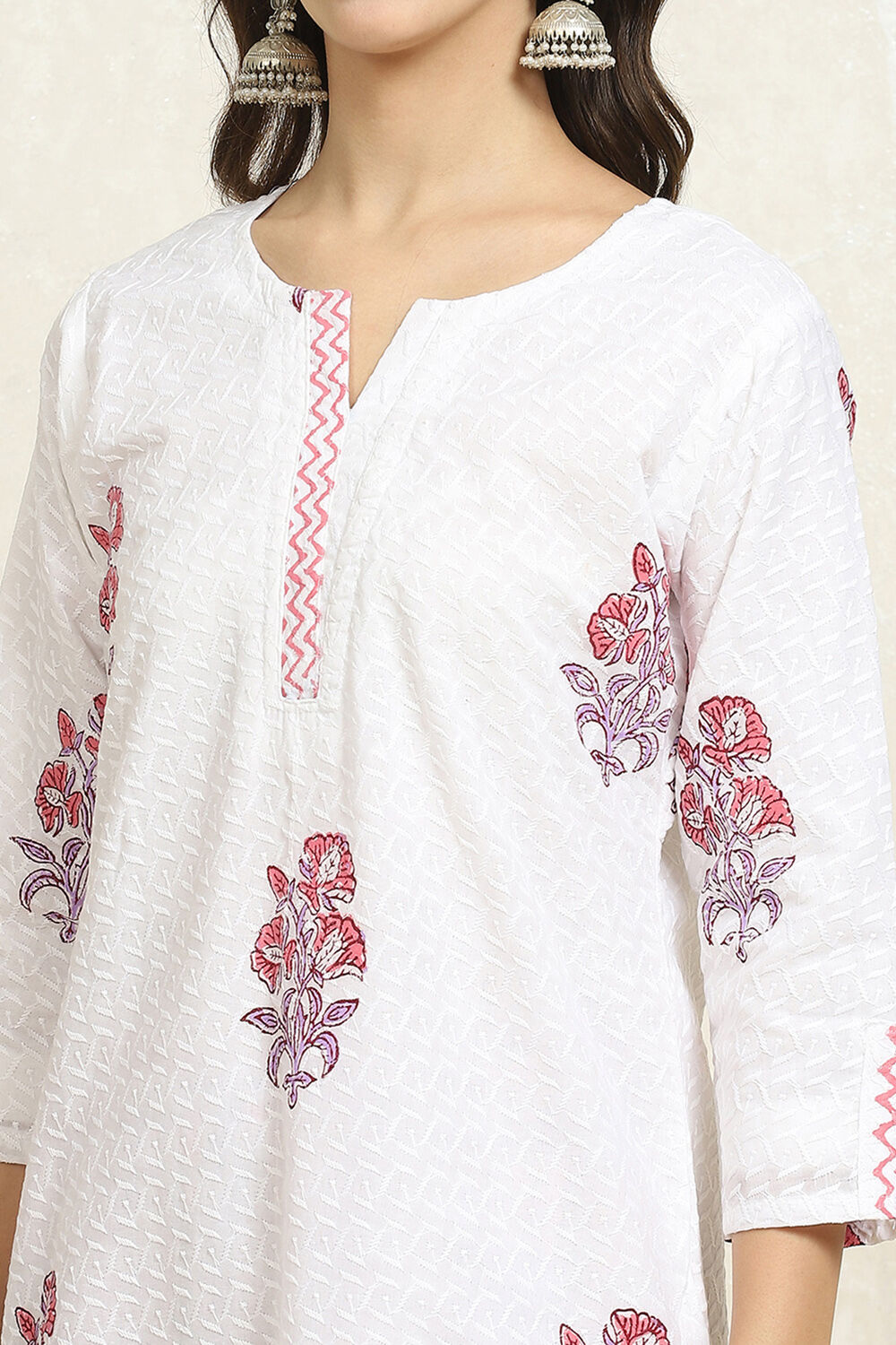 White and Pink Cotton Floral Hand Block Unstitched Suit Set image number 2