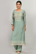 Green Cotton Blend Hand Embroidered Unstitched Suit Set image number 3
