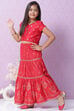 Red Art Silk Printed Short Top Lehenga Set image number 5