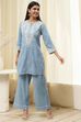 Blue Cotton Embroidered Straight Kurta Set image number 6