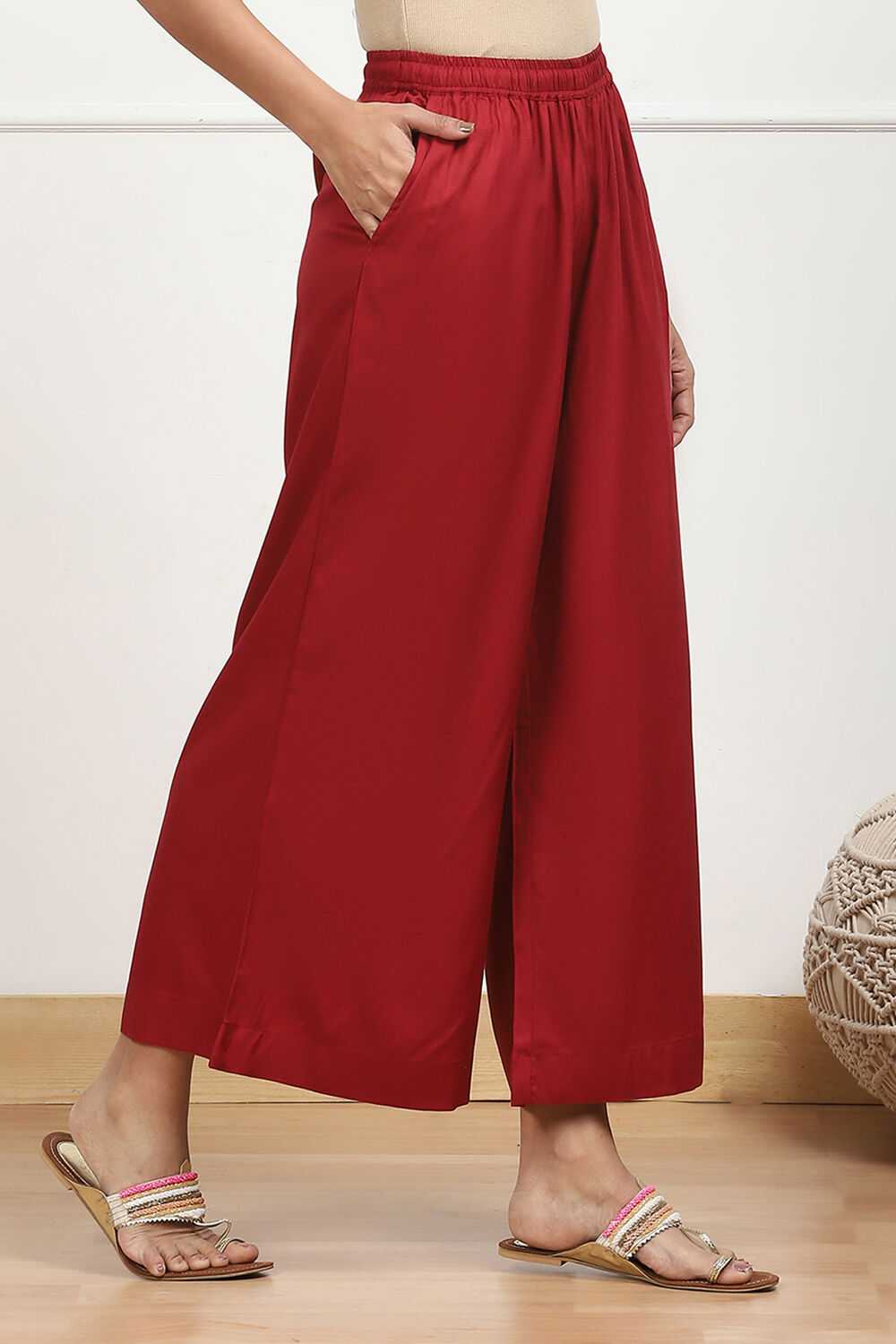 Navy Blue Viscose Solid Straight Palazzos image number 3