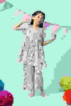 Off White & Blue Rayon Printed Sleepwear image number 0