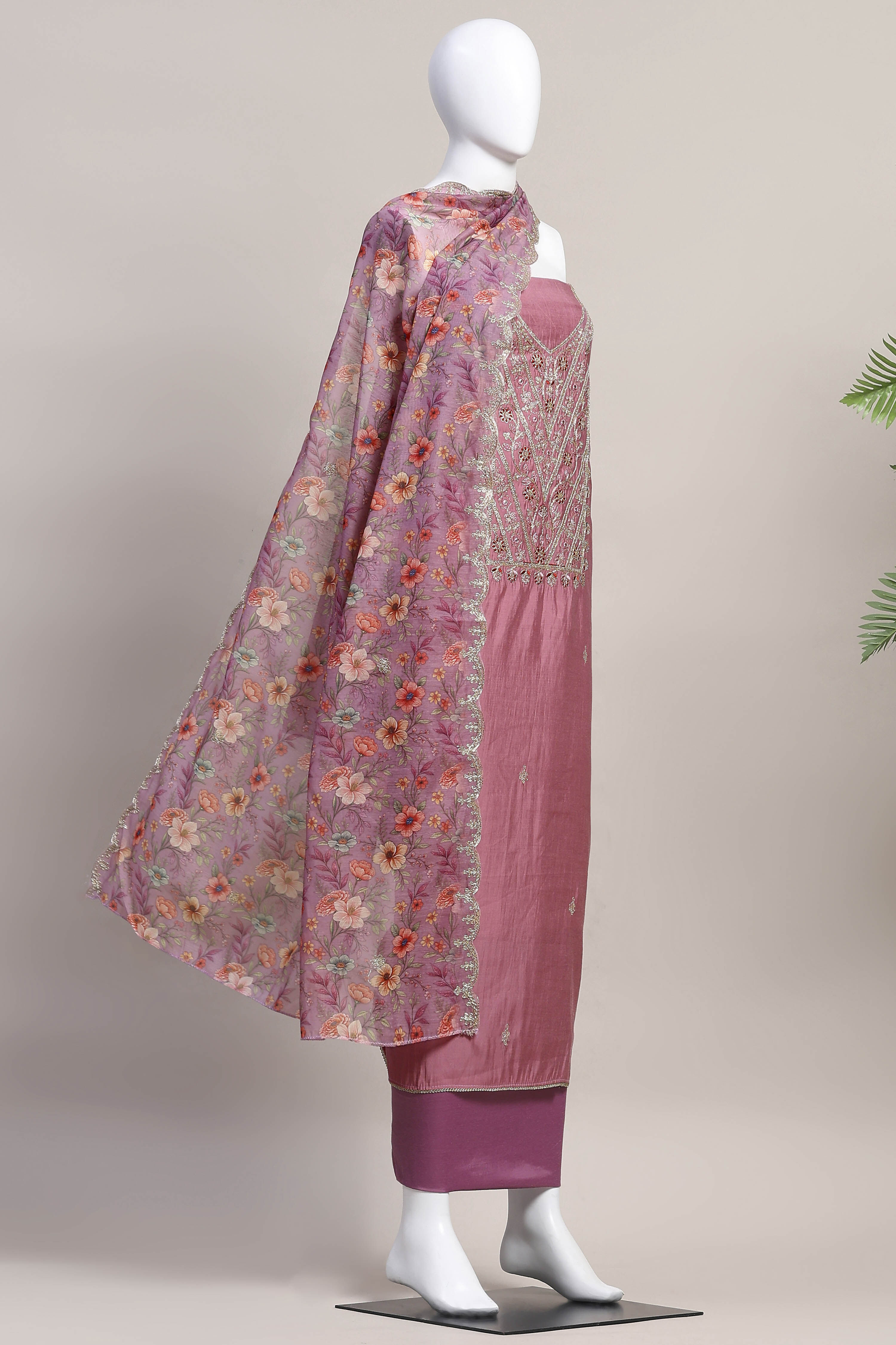 Teal Cotton Printed Embroidered Unstitched Suit Set image number 4