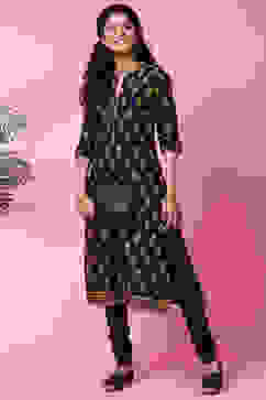 Black Cotton Kurta Churidar Set image number 5