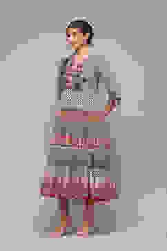 Grey Cotton Tiered Printed Dress image number 2